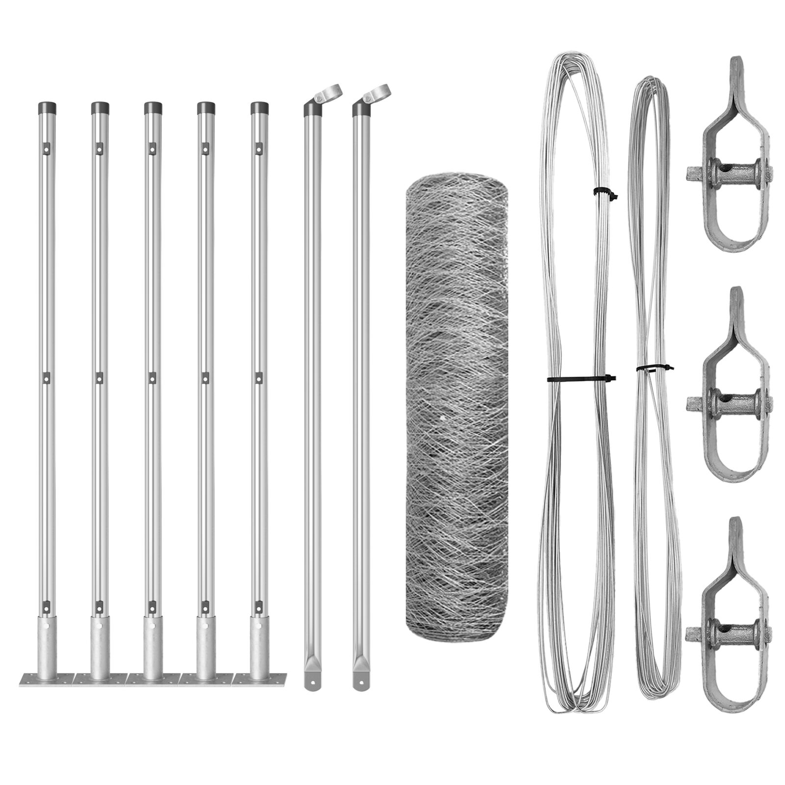 Sechseckzaun 0,5x10 m Verzinkter Stahl, Zaunpfosten mit Bodenplatten 7 Stück Ø32mm 70cm Verzinkter Stahl