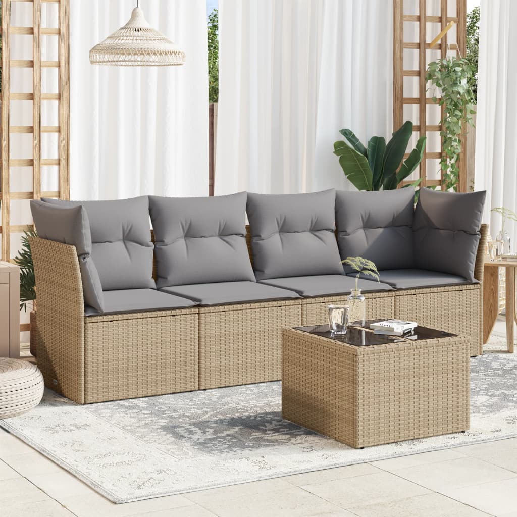 5-tlg. Garten-Sofagarnitur mit Kissen Beige Poly Rattan 5-tlg. Garten-Sofagarnitur mit Kissen Beige Poly Rattan