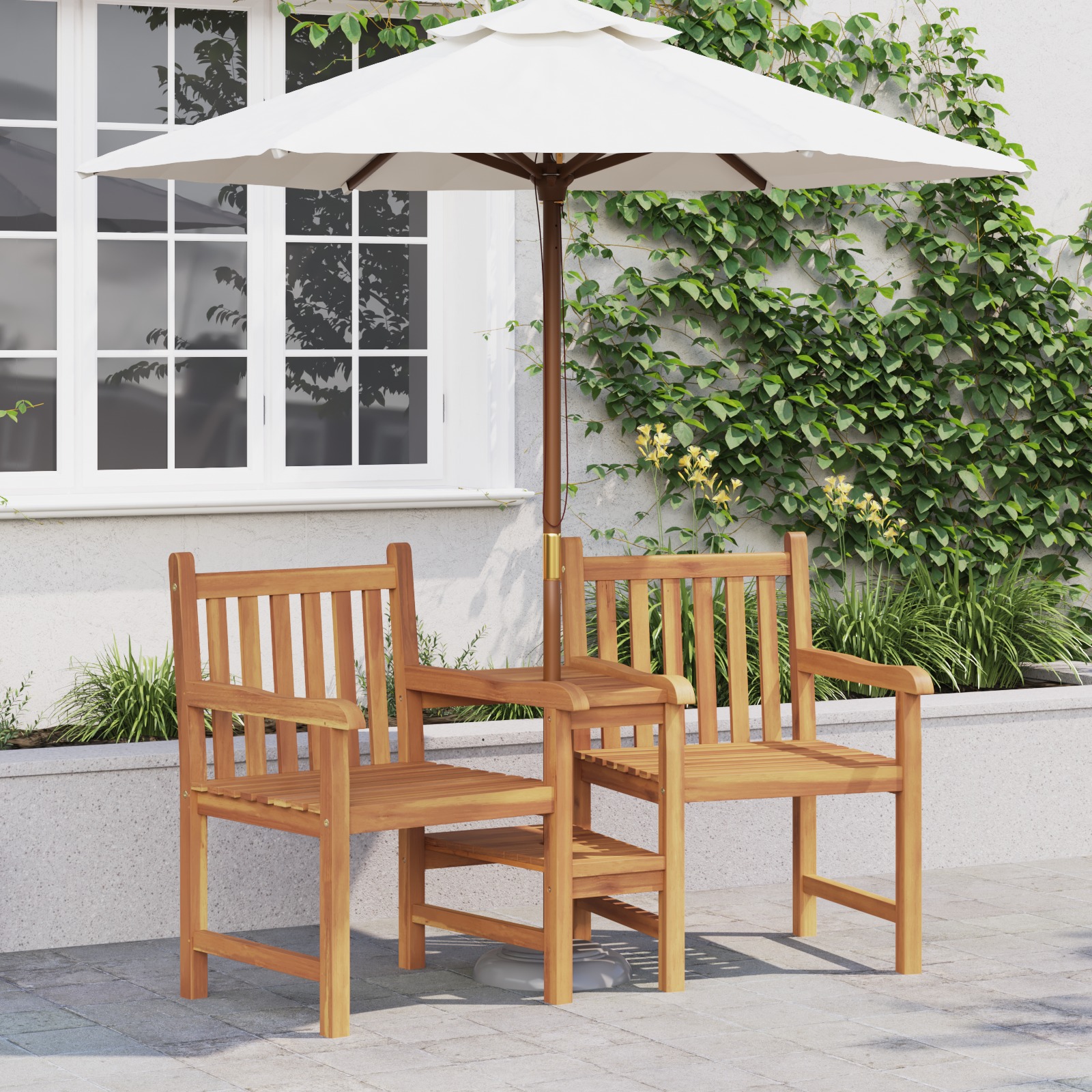 Outdoor-Stühle mit Regal Braun 152 x 63 x 89 cm Teak-Massivholz Outdoor-Stühle mit Regal Braun 152 x 63 x 89 cm Teak-Massivholz