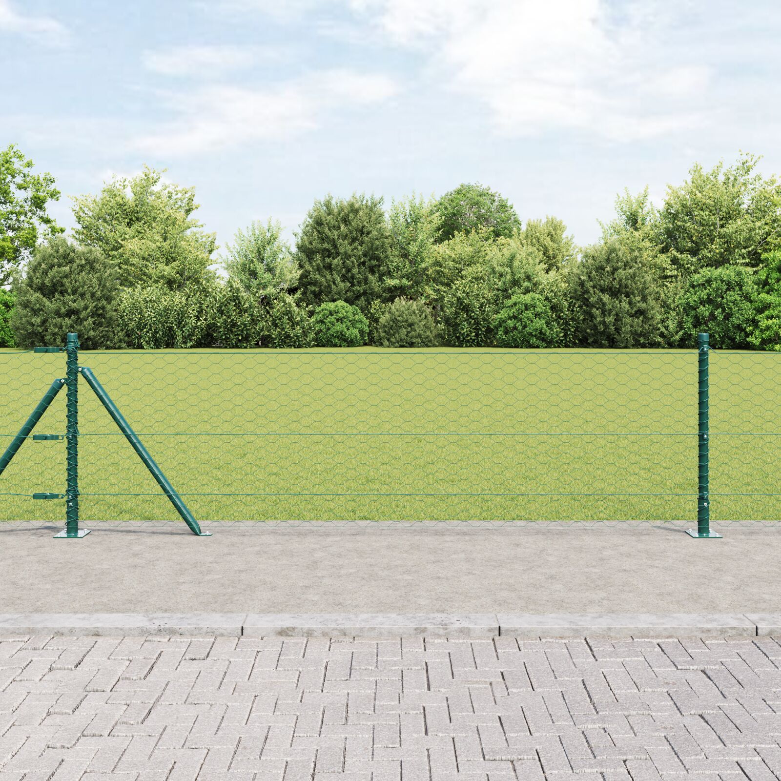 Sechseckzaun Grün 0.6x10 m Stahl, Zaunpfosten mit Bodenschrauben 7 Stück Ø32mm 70cm verzinkter Stahl
