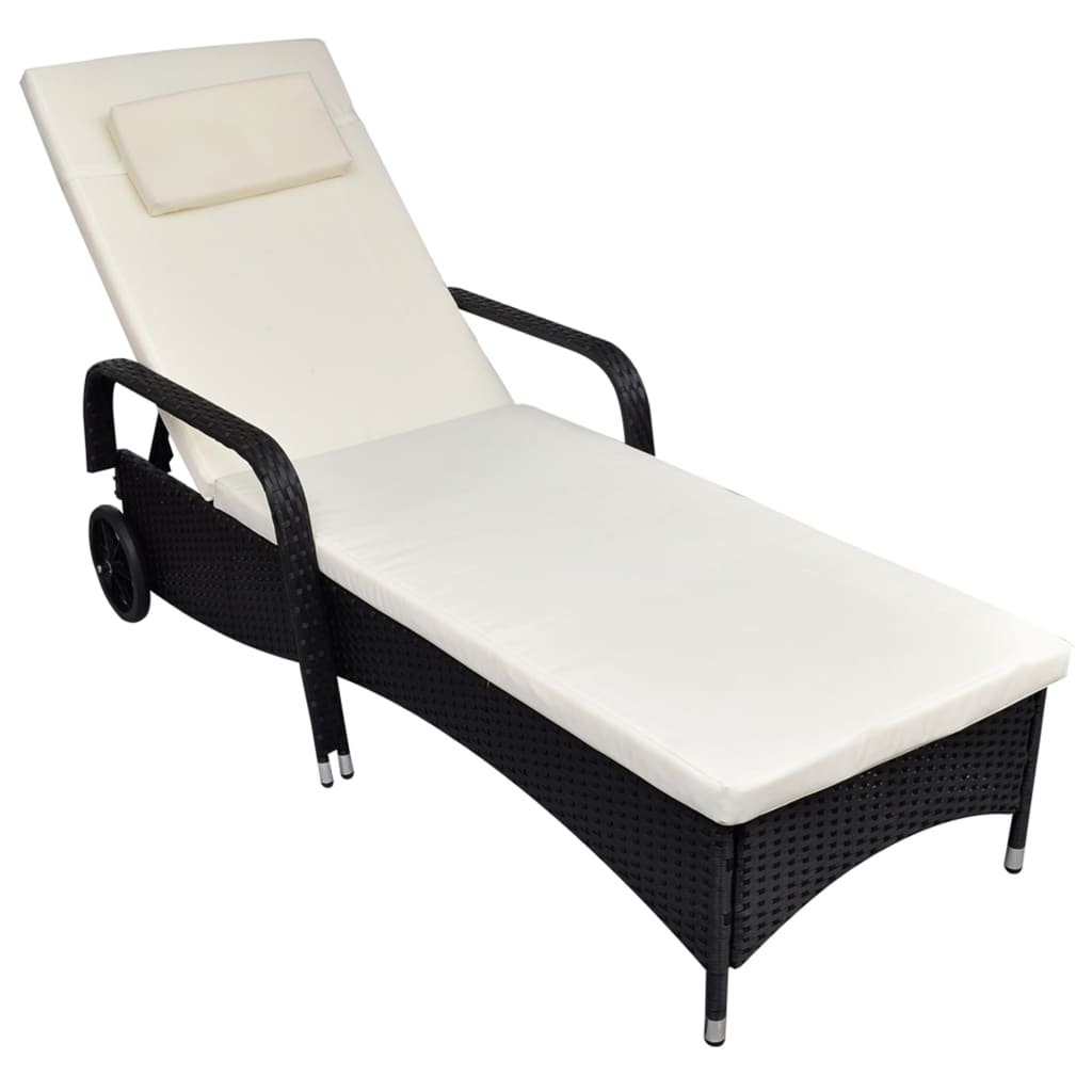 Sonnenliege mit Polster & Rollen Poly Rattan Schwarz Sonnenliege mit Polster & Rollen Poly Rattan Schwarz