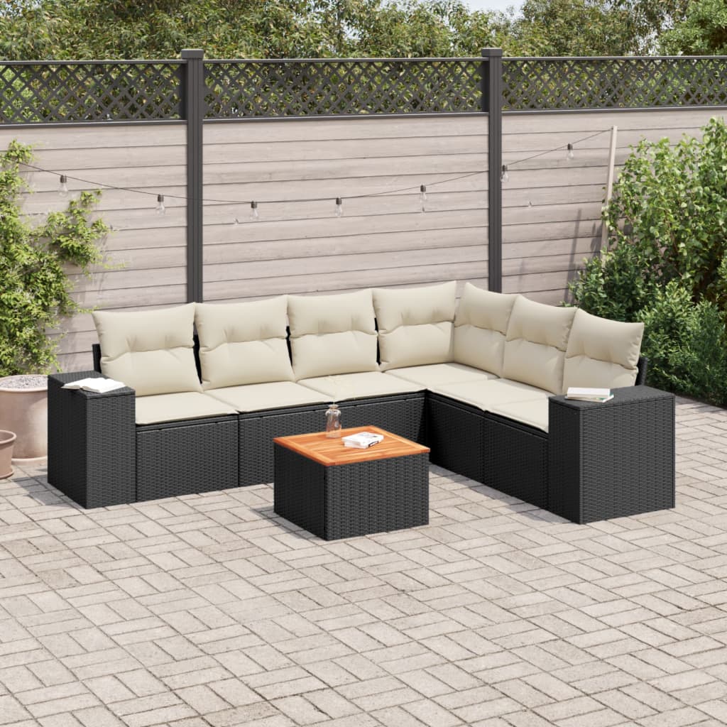 7-tlg. Garten-Sofagarnitur mit Kissen Schwarz Poly Rattan 7-tlg. Garten-Sofagarnitur mit Kissen Schwarz Poly Rattan