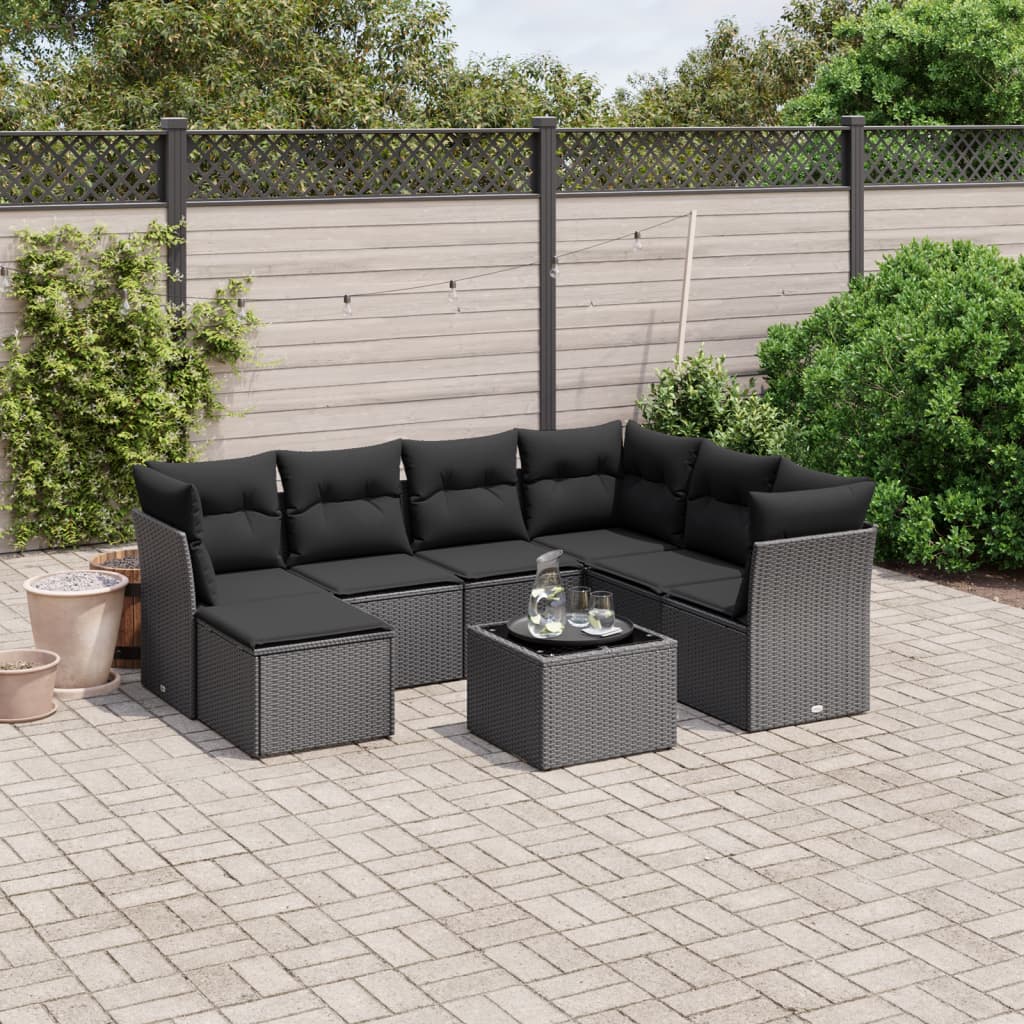 8-tlg. Garten-Sofagarnitur mit Kissen Schwarz Poly Rattan 8-tlg. Garten-Sofagarnitur mit Kissen Schwarz Poly Rattan