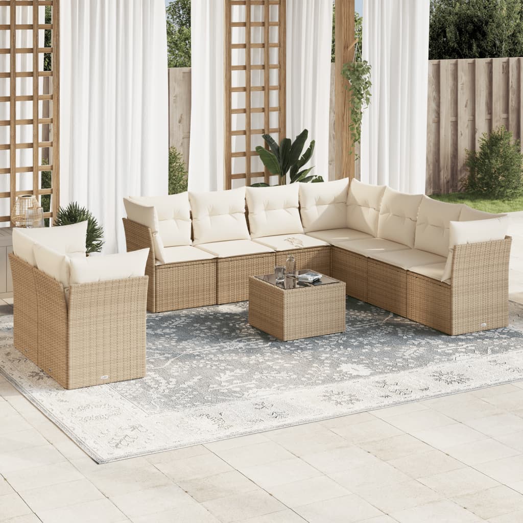 10-tlg. Garten-Sofagarnitur mit Kissen Beige Poly Rattan 10-tlg. Garten-Sofagarnitur mit Kissen Beige Poly Rattan