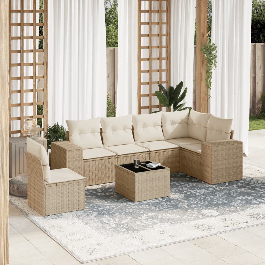 7-tlg. Garten-Sofagarnitur mit Kissen Beige Poly Rattan 7-tlg. Garten-Sofagarnitur mit Kissen Beige Poly Rattan