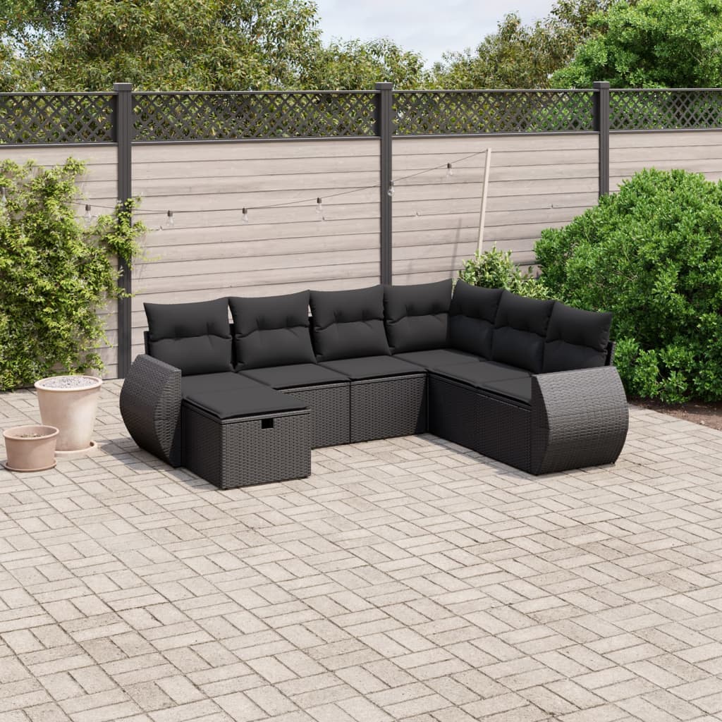 7-tlg. Garten-Sofagarnitur mit Kissen Schwarz Poly Rattan 7-tlg. Garten-Sofagarnitur mit Kissen Schwarz Poly Rattan