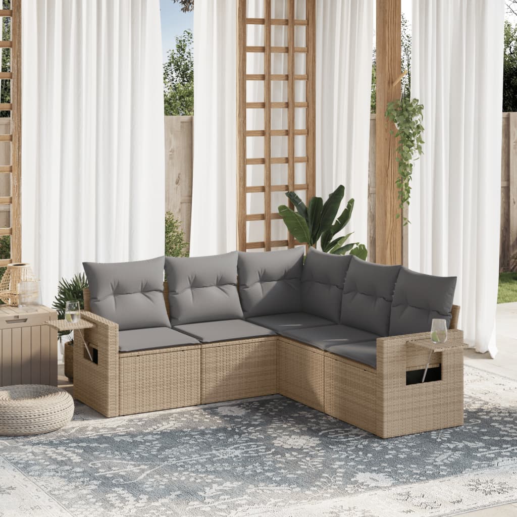 5-tlg. Garten-Sofagarnitur mit Kissen Beige Poly Rattan 5-tlg. Garten-Sofagarnitur mit Kissen Beige Poly Rattan