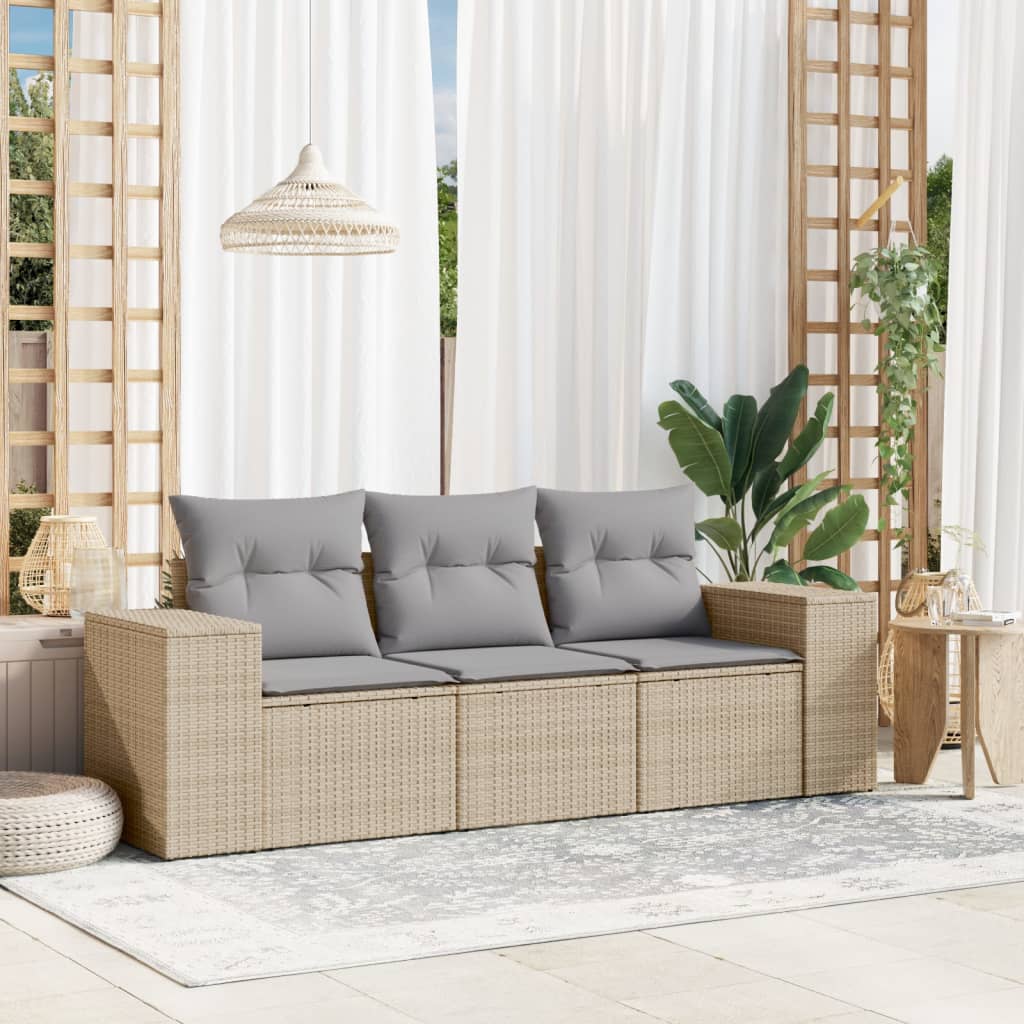 3-tlg. Garten-Sofagarnitur mit Kissen Beige Poly Rattan 3-tlg. Garten-Sofagarnitur mit Kissen Beige Poly Rattan