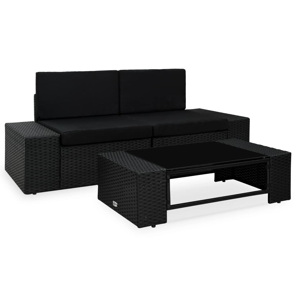 3-tlg. Garten-Lounge-Set Poly Rattan Schwarz 3-tlg. Garten-Lounge-Set Poly Rattan Schwarz