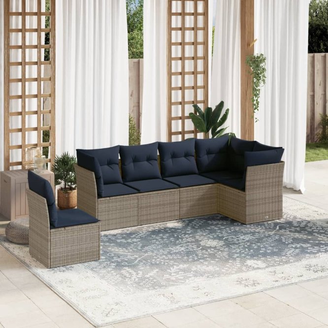 6-teiliges Gartensofa-Set mit Kissen, grau, Polyrattan 6-teiliges Gartensofa-Set mit Kissen, grau, Polyrattan