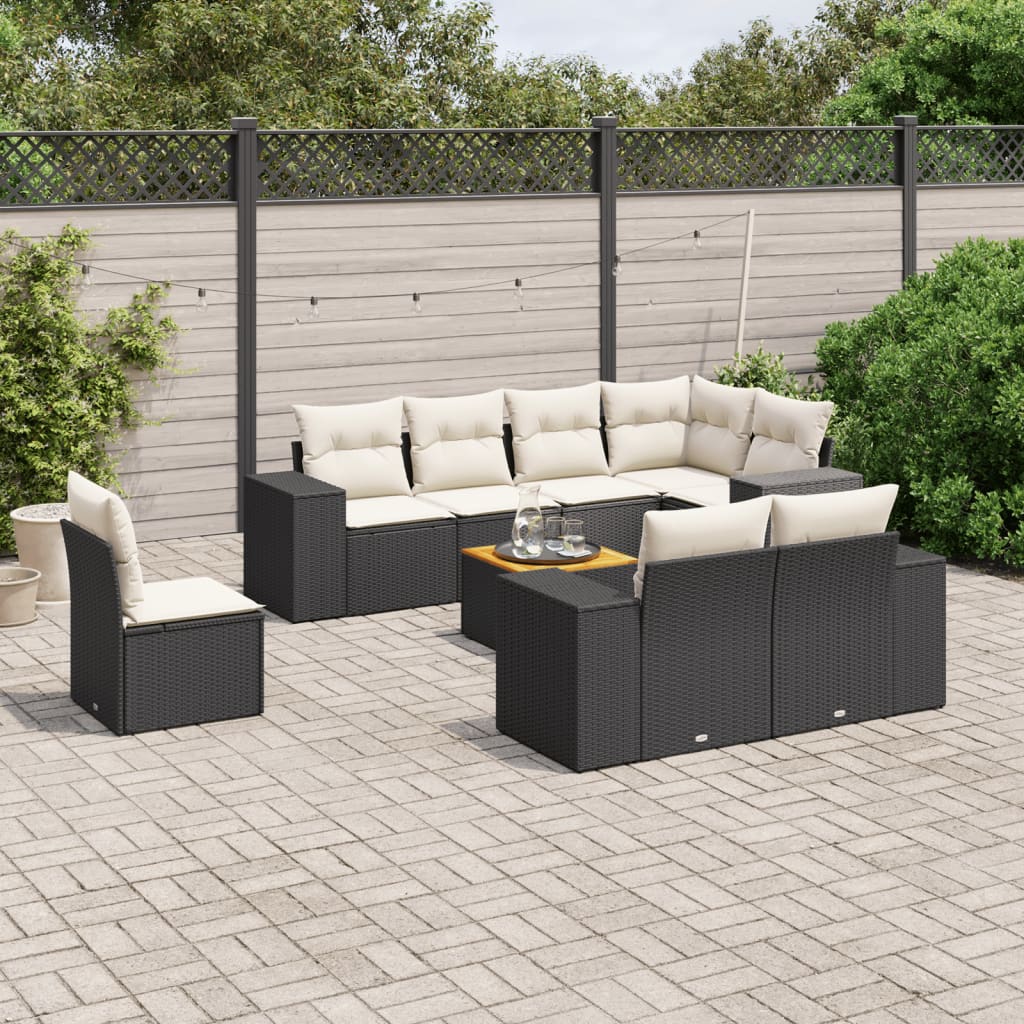 9-tlg. Garten-Sofagarnitur mit Kissen Schwarz Poly Rattan 9-tlg. Garten-Sofagarnitur mit Kissen Schwarz Poly Rattan