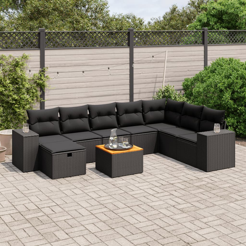 9-tlg. Garten-Sofagarnitur mit Kissen Schwarz Poly Rattan 9-tlg. Garten-Sofagarnitur mit Kissen Schwarz Poly Rattan