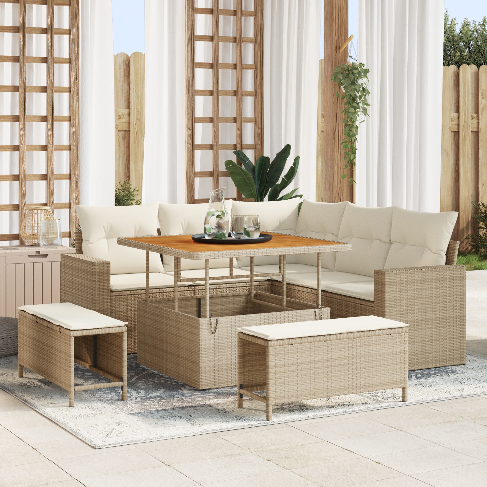 8-teiliges Garten Sofa Set mit Kissen Beige Poly Rattan Akazie 8-teiliges Garten Sofa Set mit Kissen Beige Poly Rattan Akazie