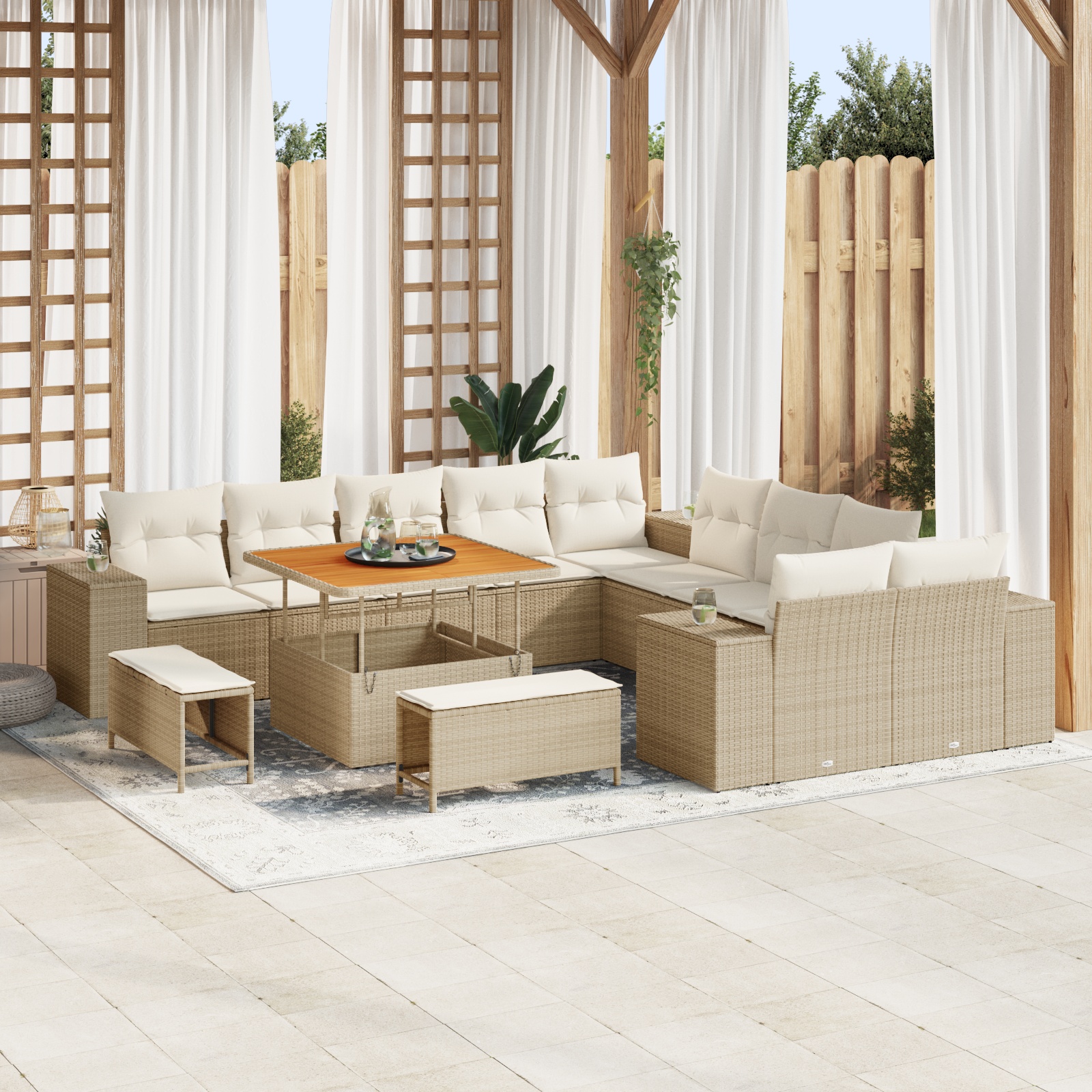 13-teiliges Garten Sofa Set mit Kissen Beige Poly Rattan Akazie 13-teiliges Garten Sofa Set mit Kissen Beige Poly Rattan Akazie