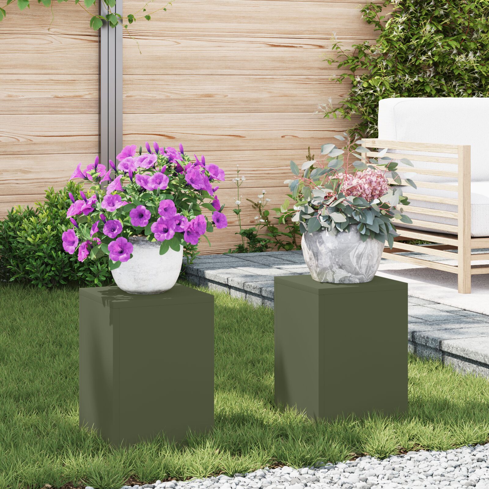 vidaXL Outdoor Pflanzenständer Säule 2 Stück Olivgrün 24x24x35 cm Stahl vidaXL Outdoor Pflanzenständer Säule 2 Stück Olivgrün 24x24x35 cm Stahl