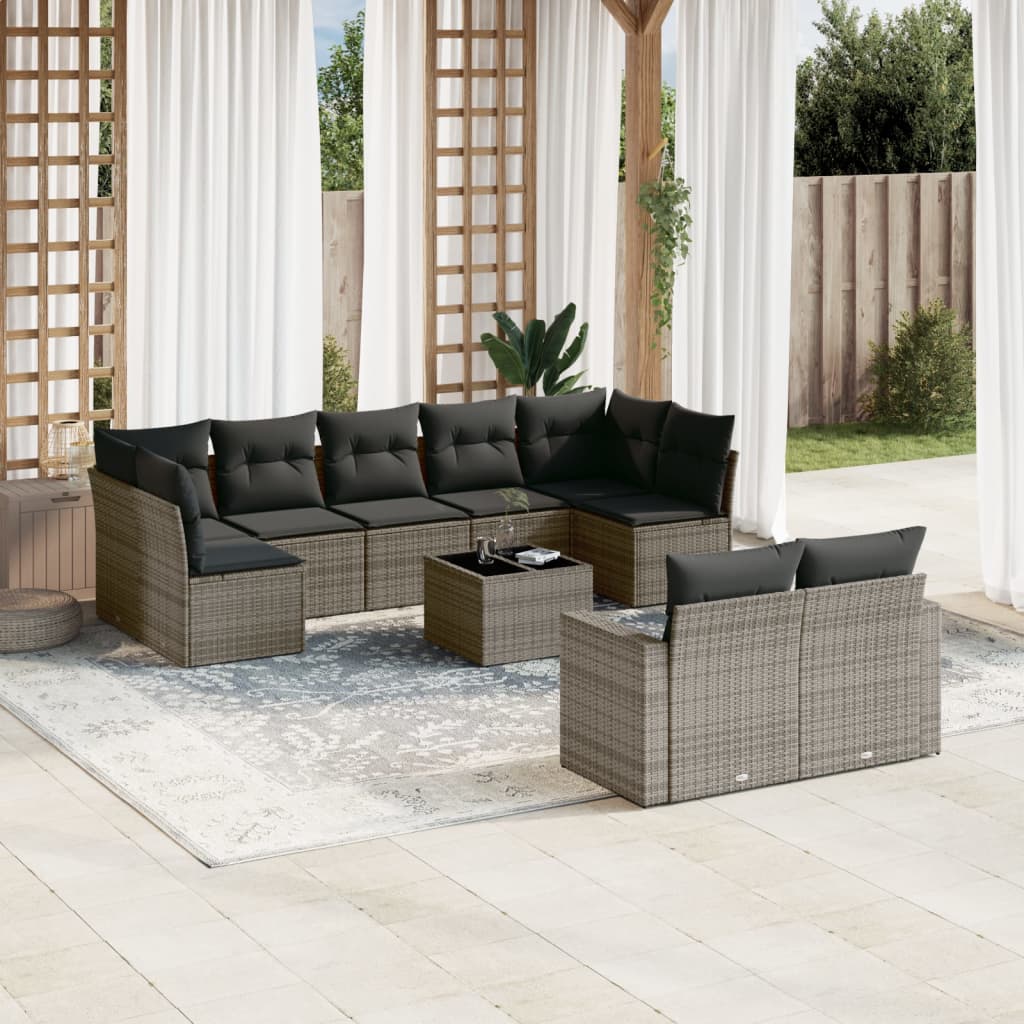 10-tlg. Garten-Sofagarnitur mit Kissen Grau Poly Rattan 10-tlg. Garten-Sofagarnitur mit Kissen Grau Poly Rattan