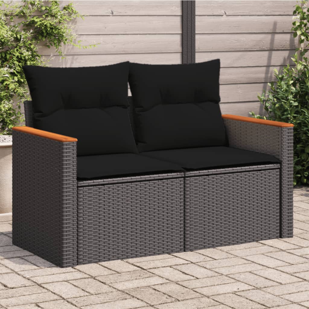 Gartensofa mit Kissen 2-Sitzer Schwarz Poly Rattan Gartensofa mit Kissen 2-Sitzer Schwarz Poly Rattan