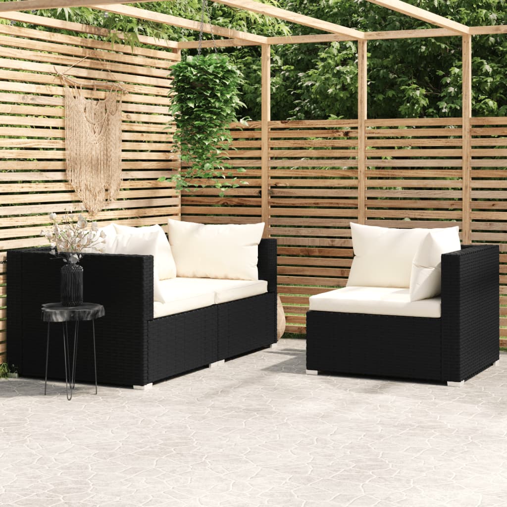 3-tlg. Garten-Lounge-Set mit Auflagen Schwarz Poly Rattan 3-tlg. Garten-Lounge-Set mit Auflagen Schwarz Poly Rattan