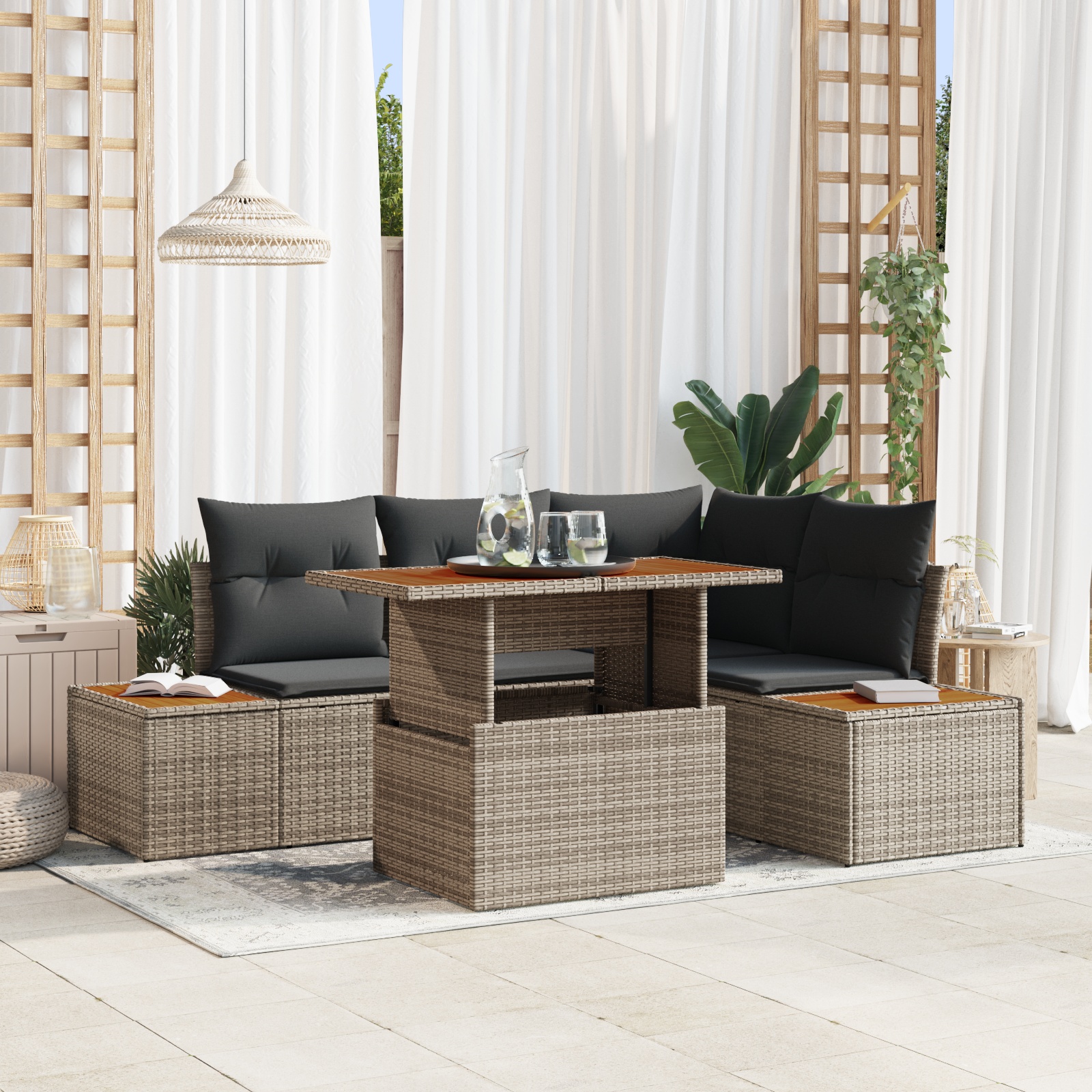 5-teiliges Garten Sofa Set mit Kissen Grau Poly Rattan 5-teiliges Garten Sofa Set mit Kissen Grau Poly Rattan
