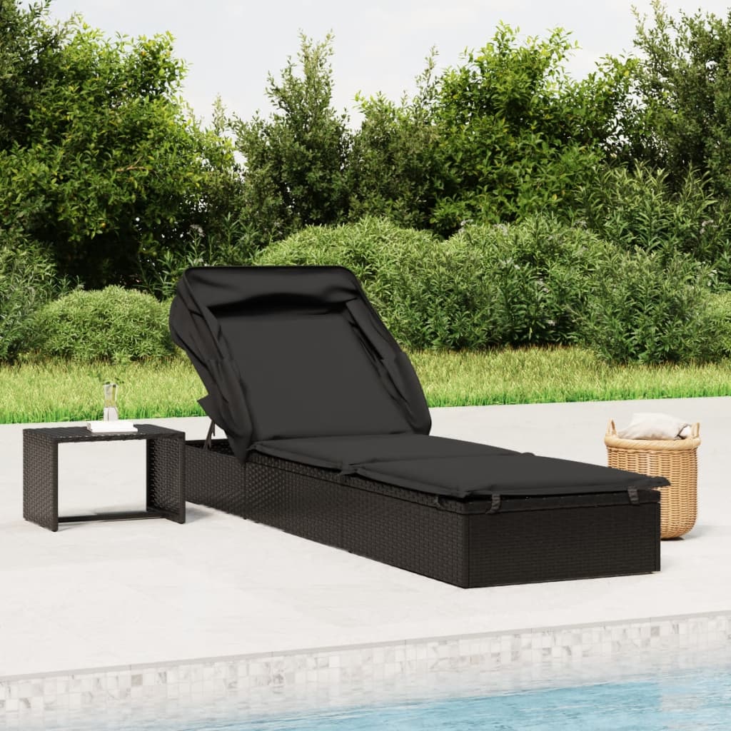 Sonnenliege mit Faltdach Schwarz 213x63x97 cm Poly Rattan Sonnenliege mit Faltdach Schwarz 213x63x97 cm Poly Rattan