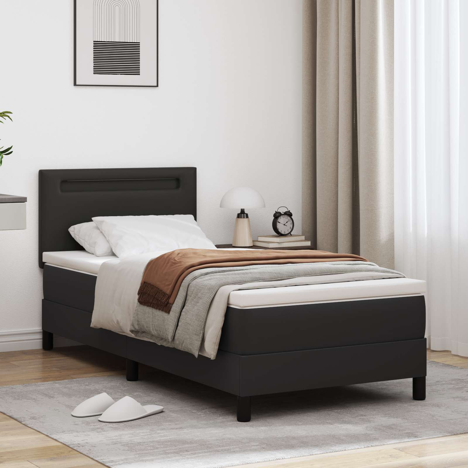 Boxspringbett mit Matratze – Schwarzes Einzelbett aus Kunstleder Boxspringbett mit Matratze – Schwarzes Einzelbett aus Kunstleder