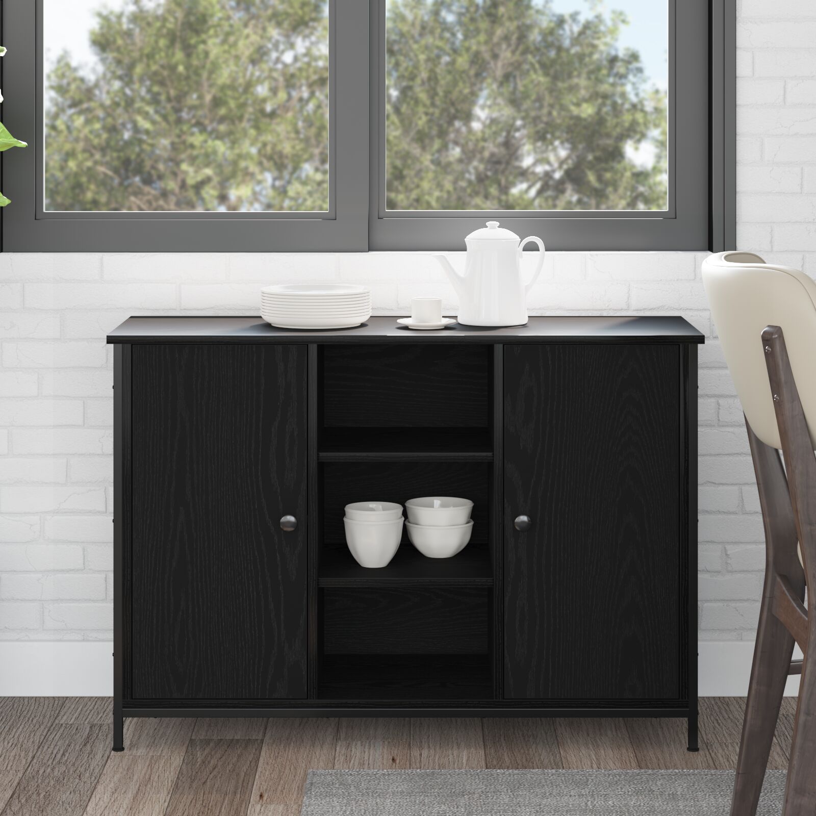 Sideboard Schwarz Eiche 100x35x70 cm Holzwerkstoff und Stahl