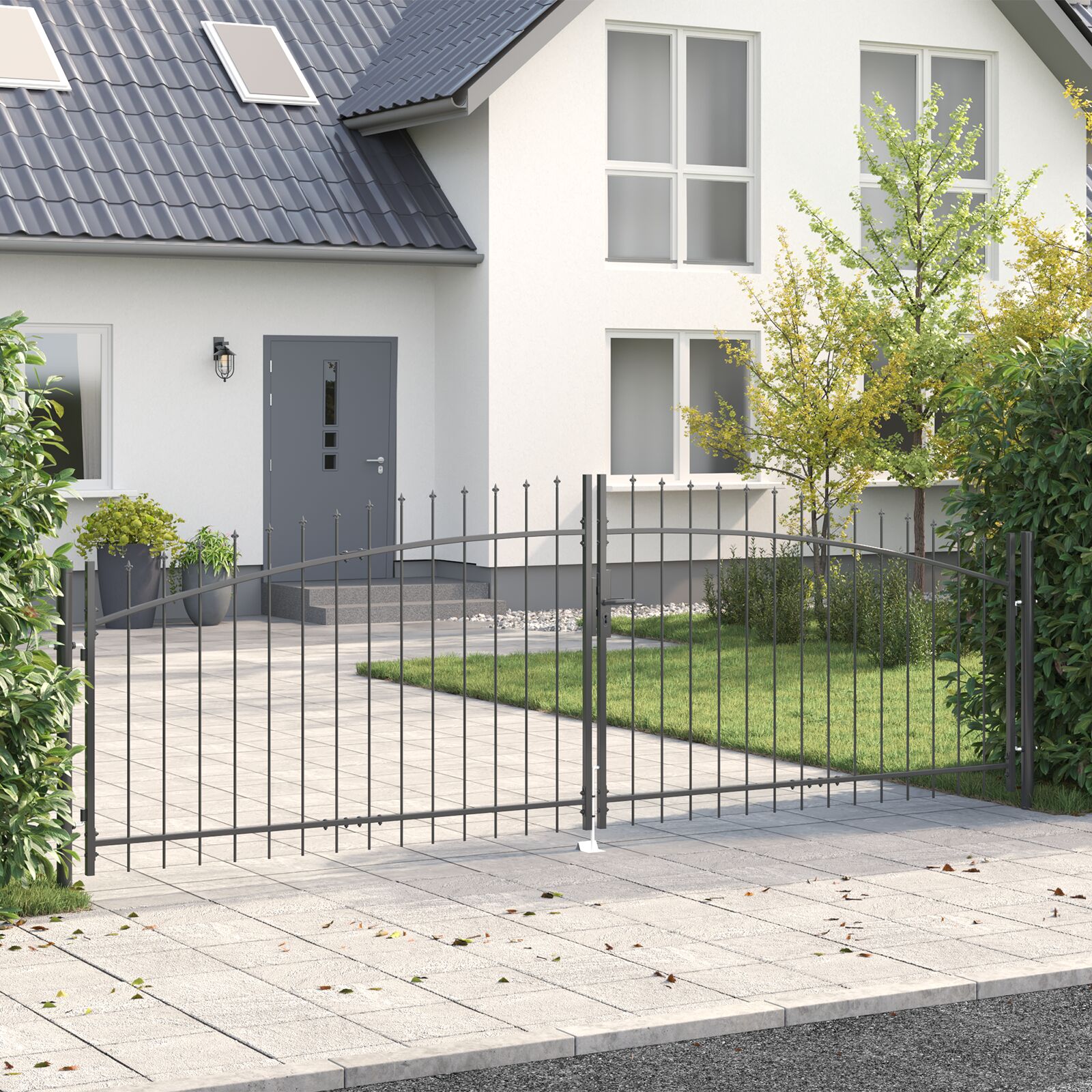 Gartentor mit Spear Top Doppelt schwenkbar Grau 100x400 cm Stahl Gartentor mit Spear Top Doppelt schwenkbar Grau 100x400 cm Stahl