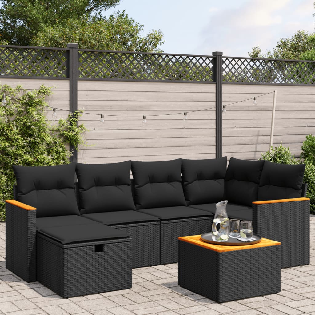 7-tlg. Garten-Sofagarnitur mit Kissen Schwarz Poly Rattan 7-tlg. Garten-Sofagarnitur mit Kissen Schwarz Poly Rattan