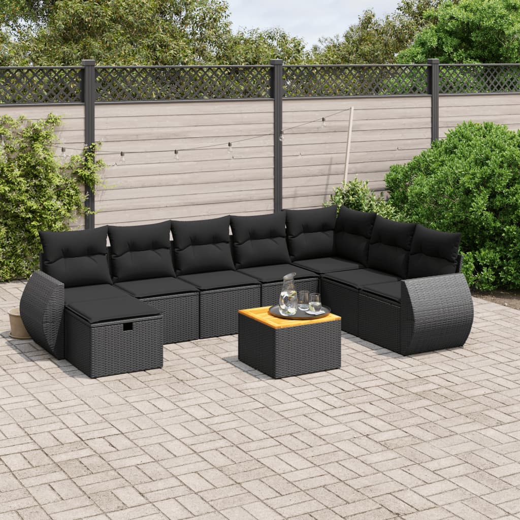 9-tlg. Garten-Sofagarnitur mit Kissen Schwarz Poly Rattan 9-tlg. Garten-Sofagarnitur mit Kissen Schwarz Poly Rattan