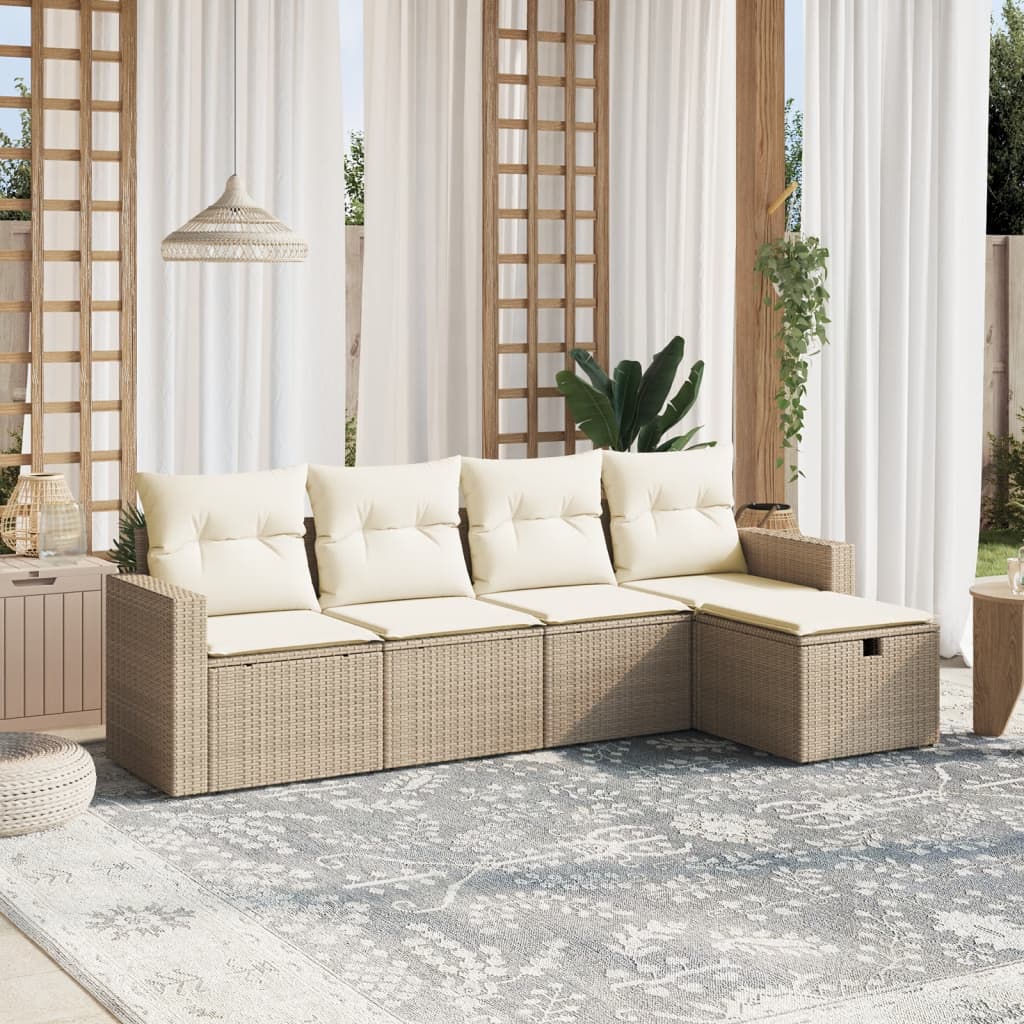 5-tlg. Garten-Sofagarnitur mit Kissen Beige Poly Rattan 5-tlg. Garten-Sofagarnitur mit Kissen Beige Poly Rattan