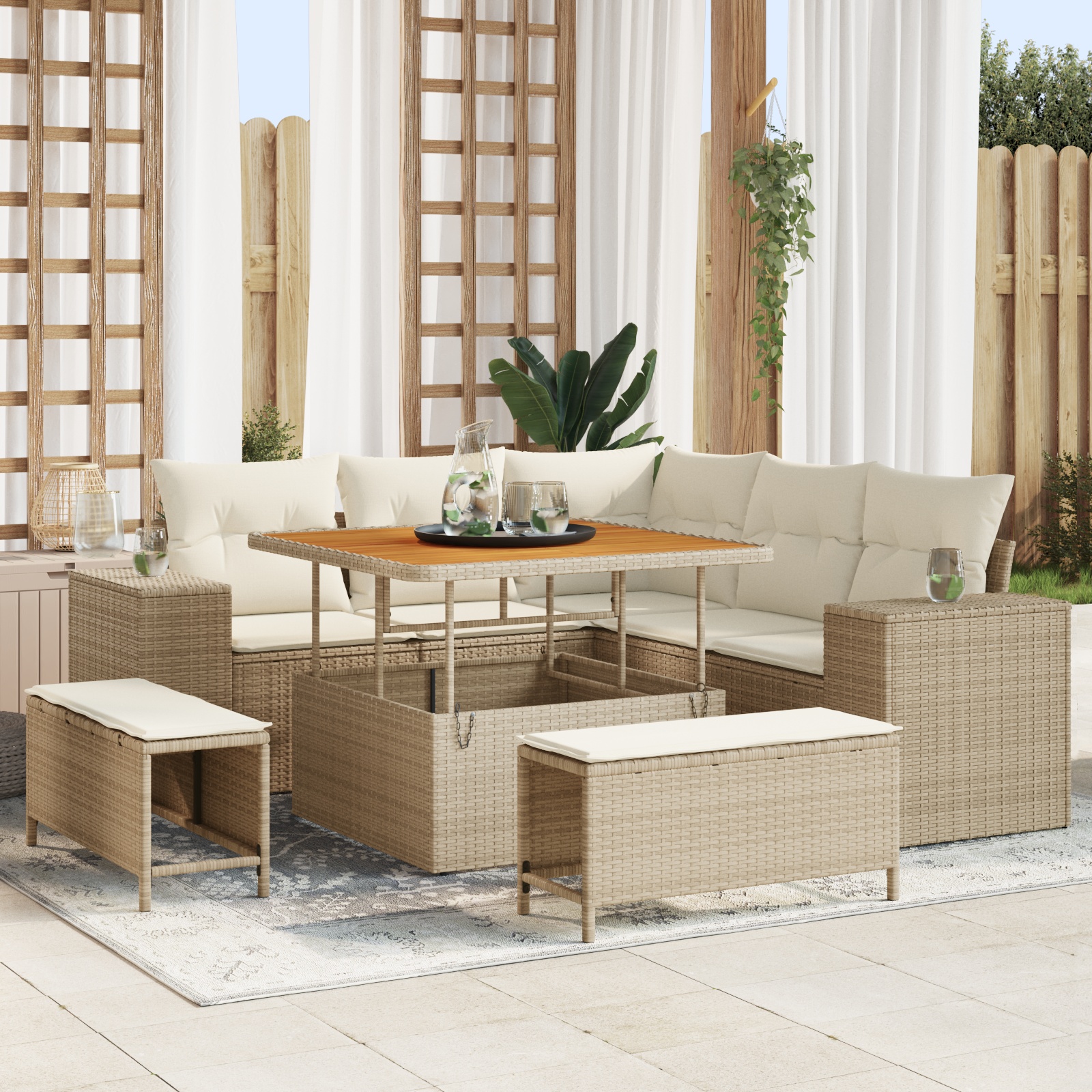 8-teiliges Garten-Sofa Set mit Kissen Beige Poly Rattan Akazie 8-teiliges Garten-Sofa Set mit Kissen Beige Poly Rattan Akazie