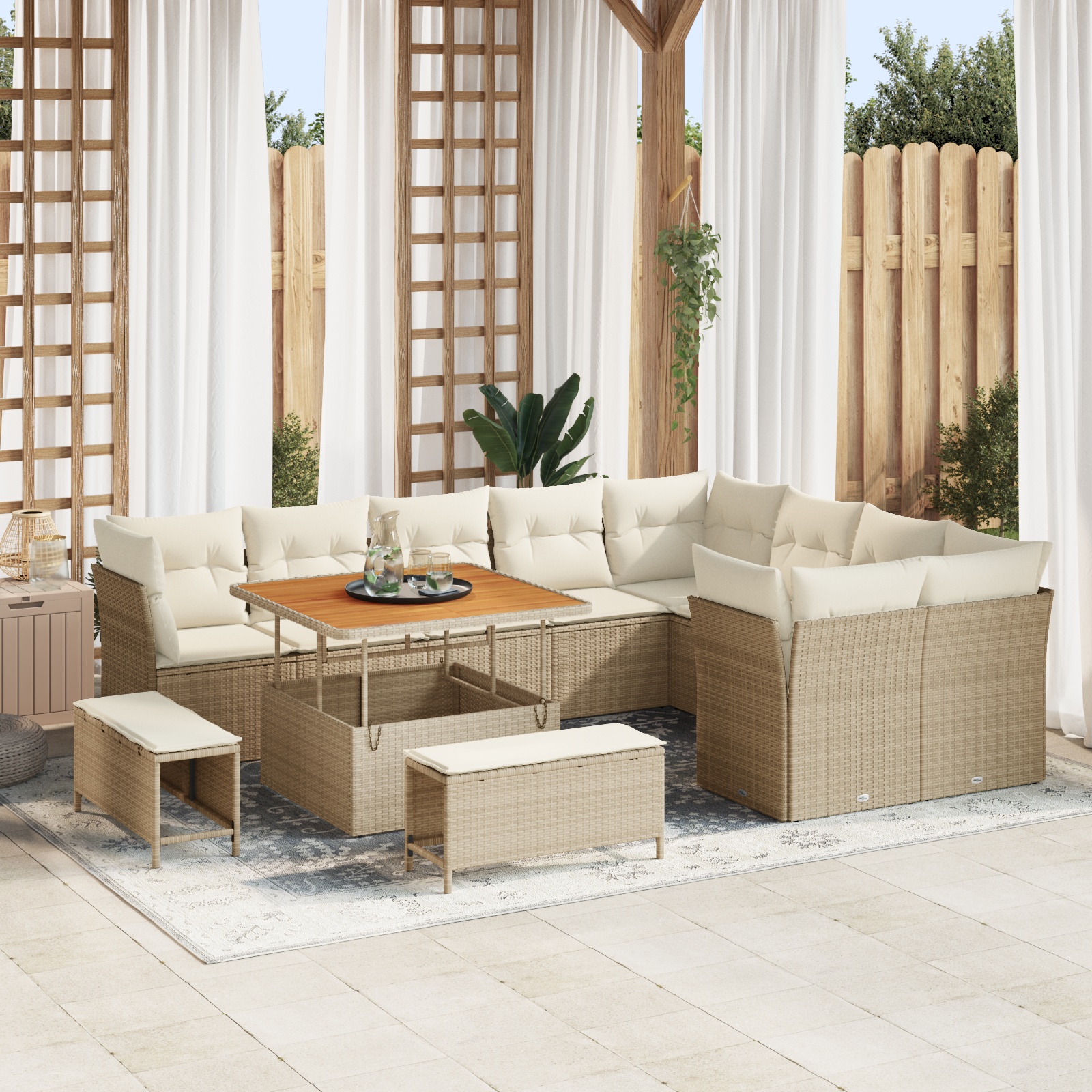 12-teiliges Garten Sofa Set mit Kissen Beige Poly Rattan Akazie 12-teiliges Garten Sofa Set mit Kissen Beige Poly Rattan Akazie