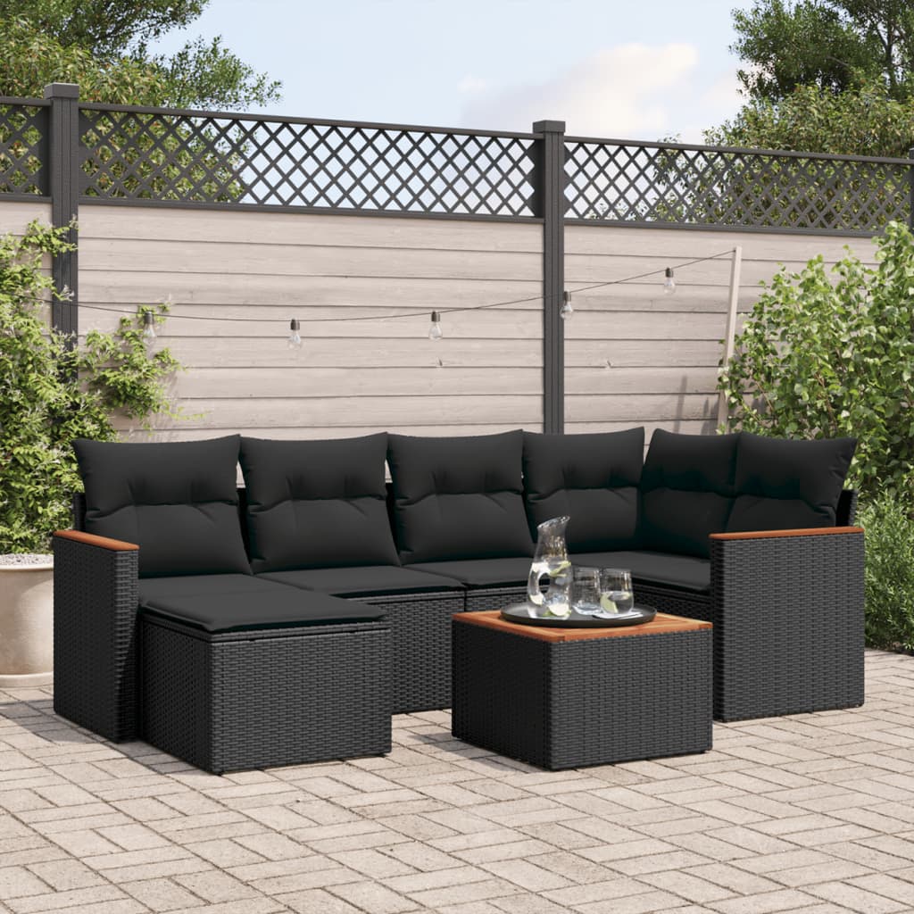 7-tlg. Garten-Sofagarnitur mit Kissen Schwarz Poly Rattan 7-tlg. Garten-Sofagarnitur mit Kissen Schwarz Poly Rattan