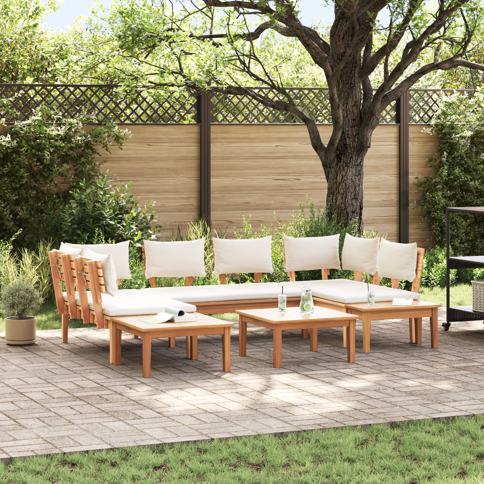 4-teiliges Gartenbank Set mit Kissen aus massivem Teakholz 4-teiliges Gartenbank Set mit Kissen aus massivem Teakholz