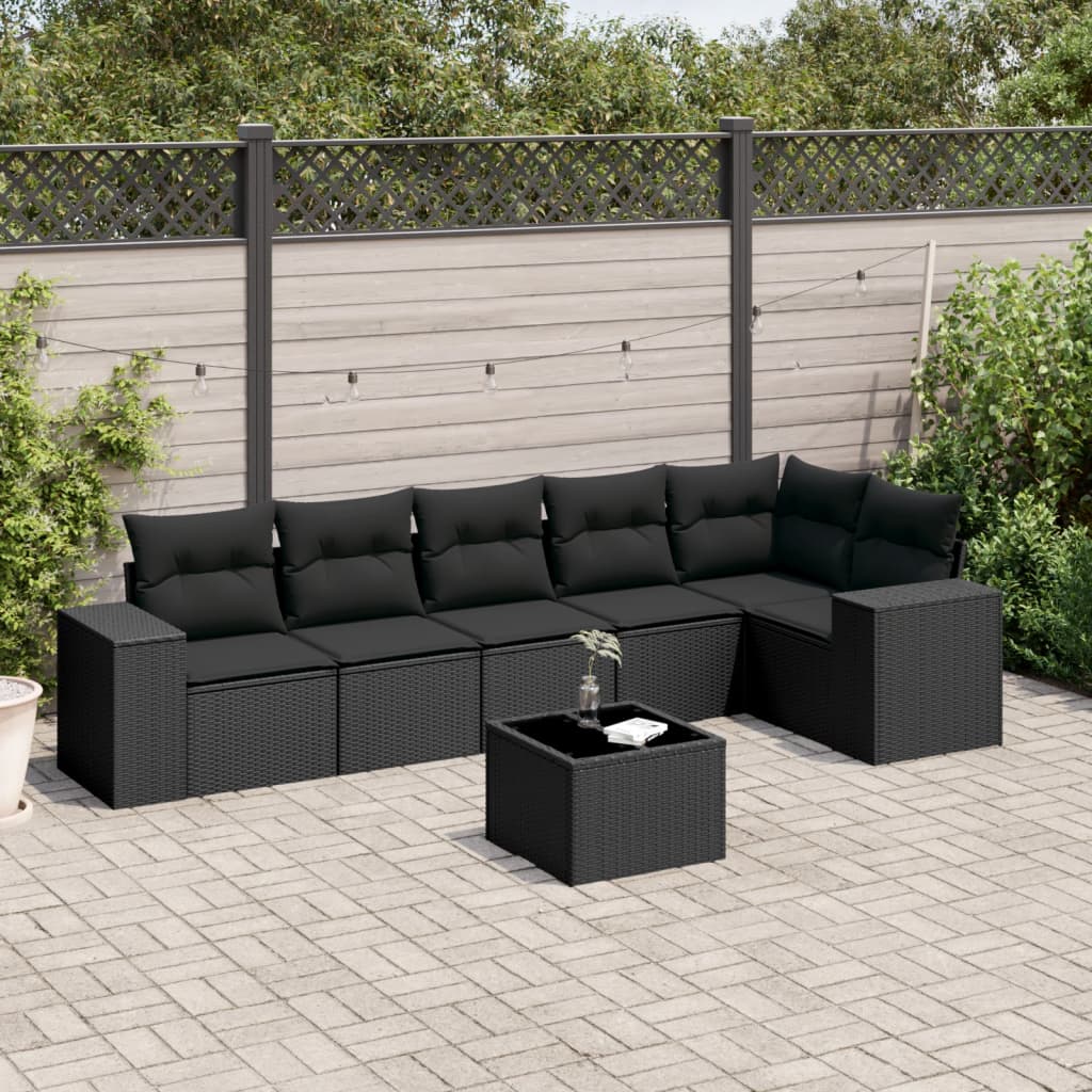 7-tlg. Garten-Sofagarnitur mit Kissen Schwarz Poly Rattan 7-tlg. Garten-Sofagarnitur mit Kissen Schwarz Poly Rattan