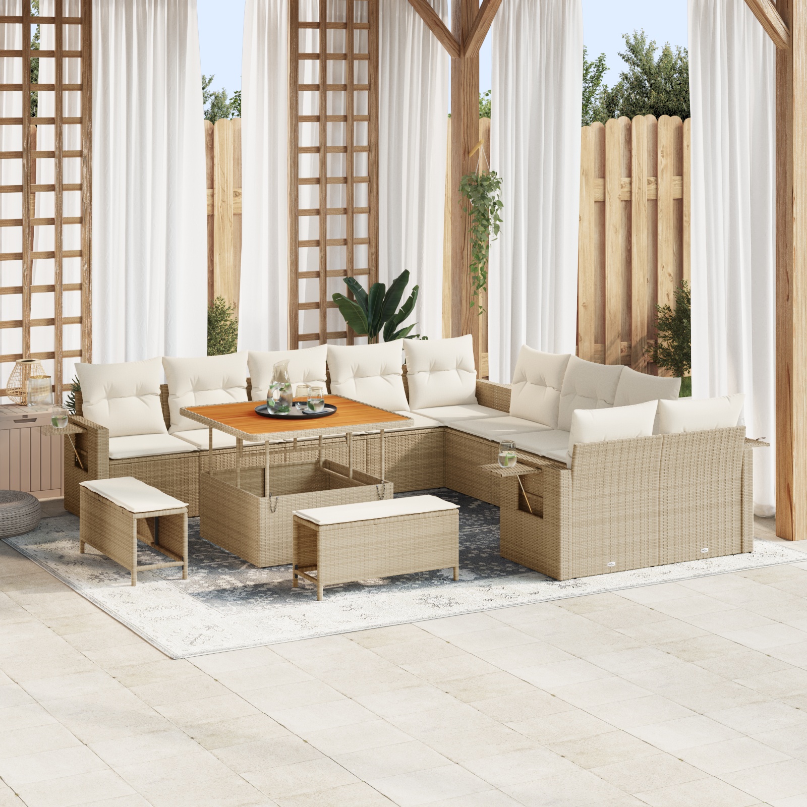 13-tlg. Garten-Sofagarnitur mit Kissen Beige Poly Rattan Akazie 13-tlg. Garten-Sofagarnitur mit Kissen Beige Poly Rattan Akazie