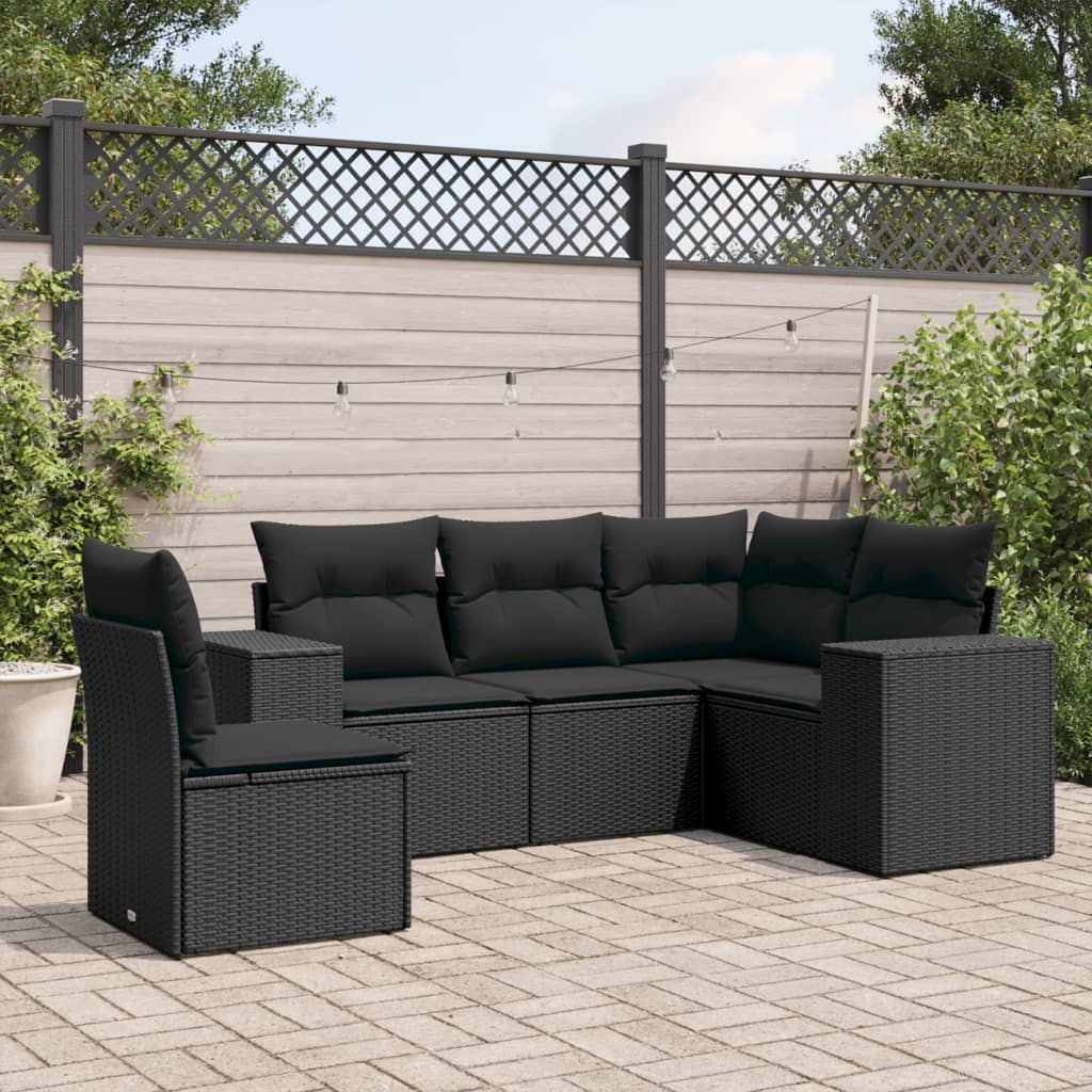 5-tlg. Garten-Sofagarnitur mit Kissen Schwarz Poly Rattan 5-tlg. Garten-Sofagarnitur mit Kissen Schwarz Poly Rattan