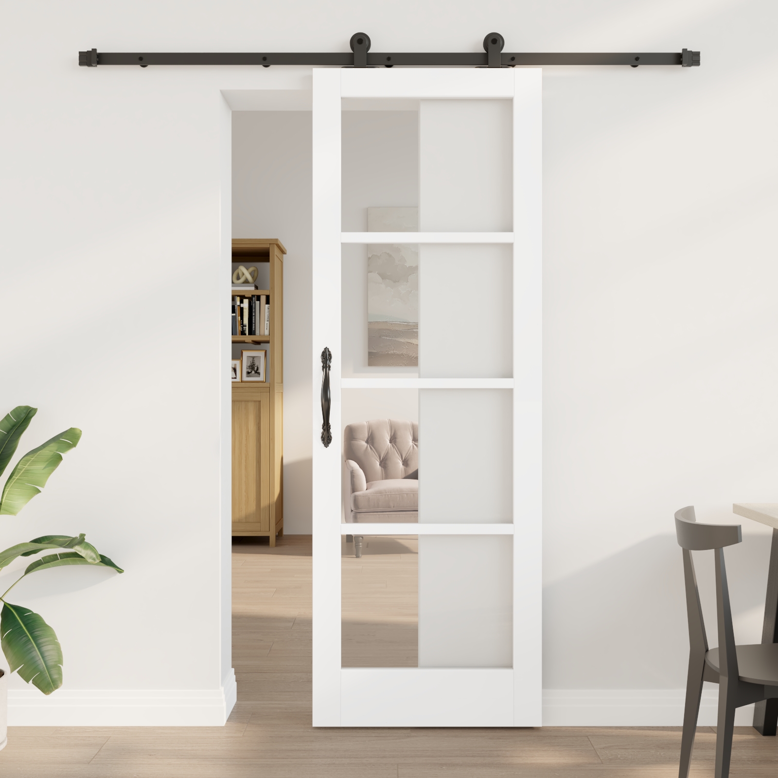 Schiebetür mit Beschlägen 'ORKDAL'Weiße Massivholz & Glas Schiebetür mit Beschlägen 'ORKDAL'Weiße Massivholz & Glas