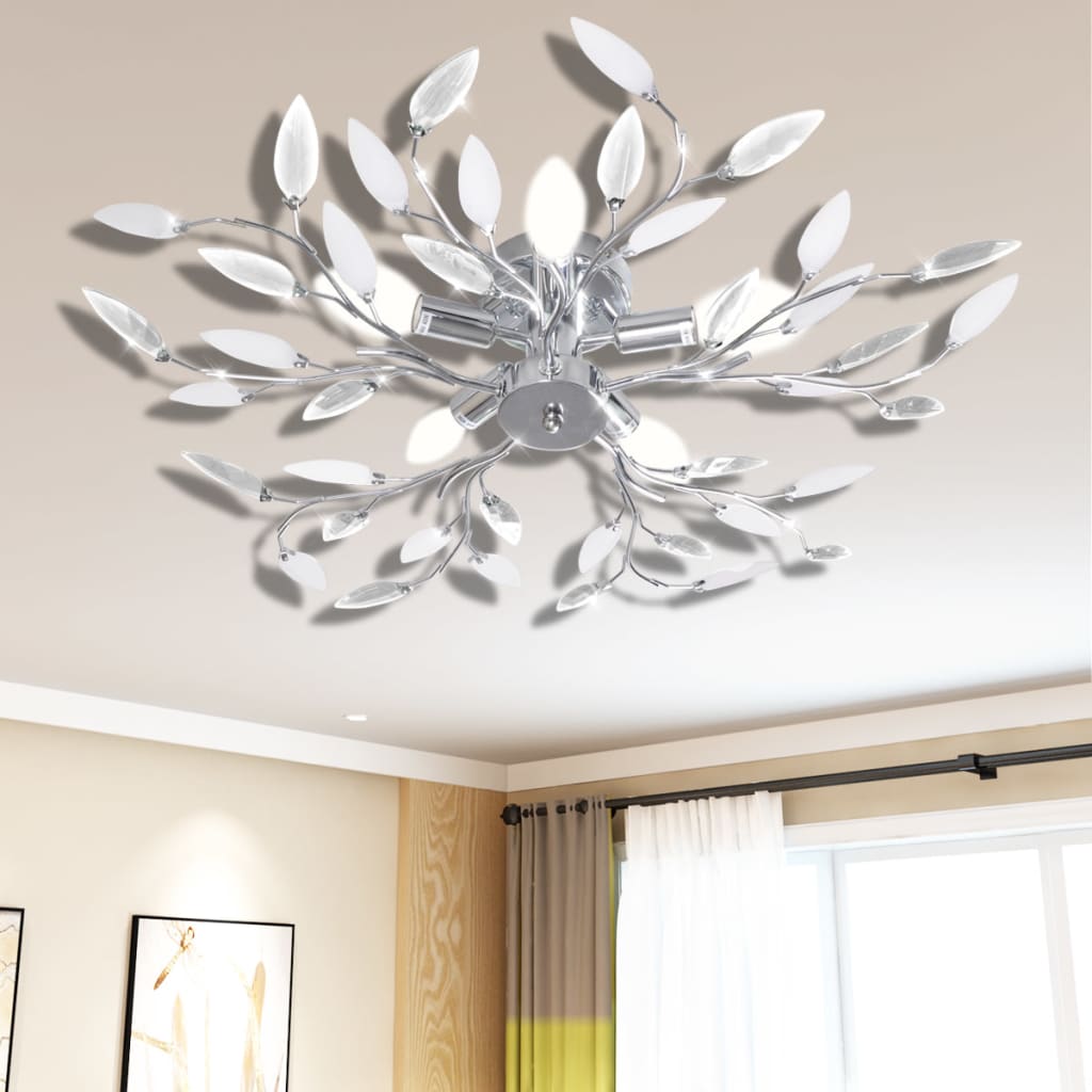 Deckenlampe transparente weiße Blätterranken mit Acryl-Blättern 5x E14 Deckenlampe transparente weiße Blätterranken mit Acryl-Blättern 5x E14