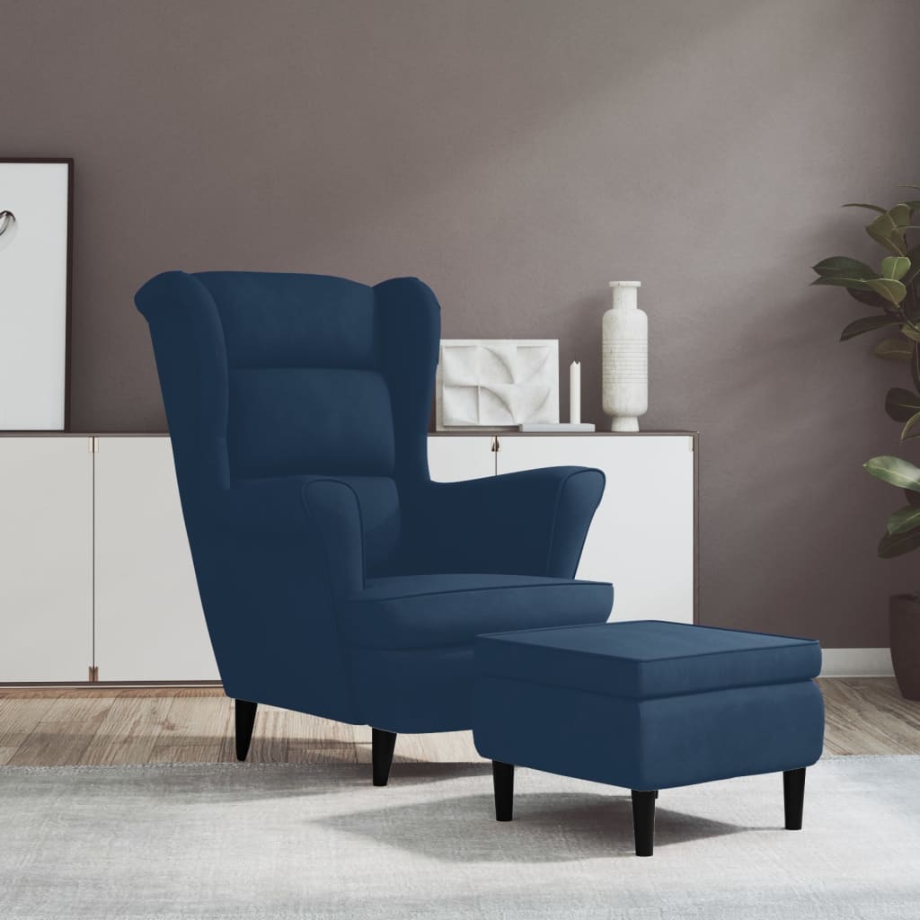 Ohrensessel mit Hocker Blau Samt Ohrensessel mit Hocker Blau Samt