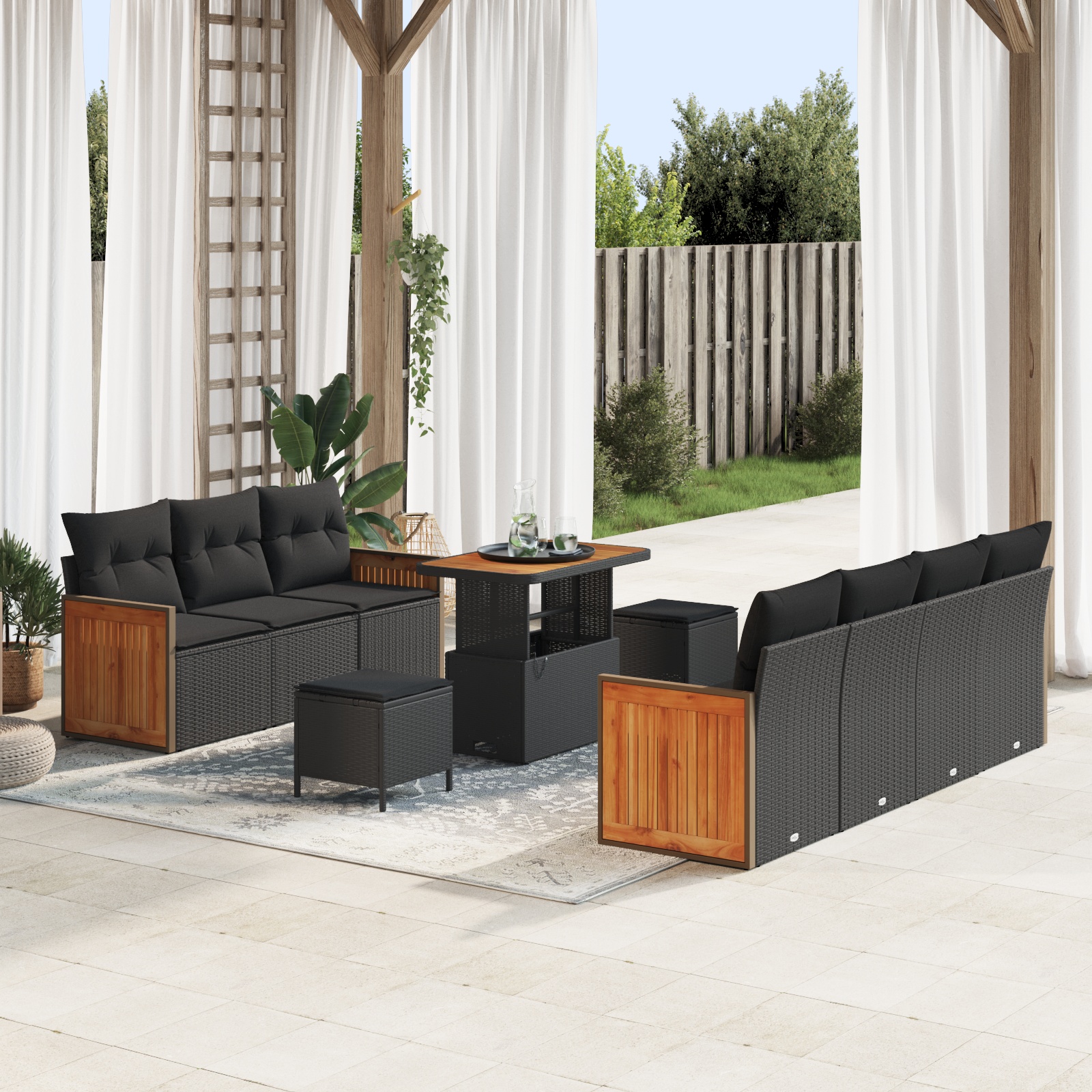 10-teiliges Garten Sofa Set mit Kissen Schwarz Poly Rattan Akazie 10-teiliges Garten Sofa Set mit Kissen Schwarz Poly Rattan Akazie