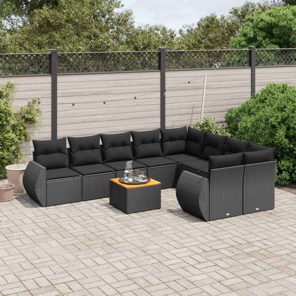 10-tlg. Garten-Sofagarnitur mit Kissen Schwarz Poly Rattan 10-tlg. Garten-Sofagarnitur mit Kissen Schwarz Poly Rattan