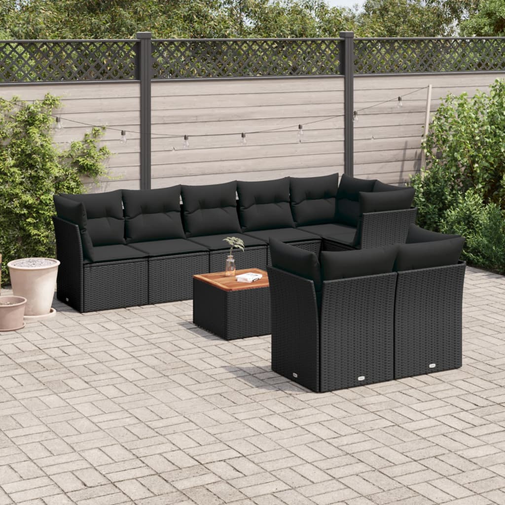 9-tlg. Garten-Sofagarnitur mit Kissen Schwarz Poly Rattan 9-tlg. Garten-Sofagarnitur mit Kissen Schwarz Poly Rattan
