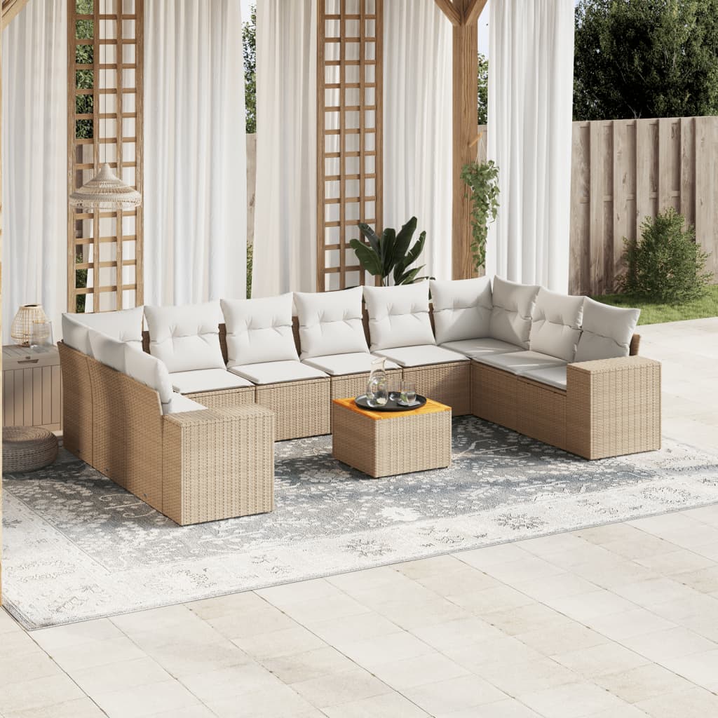 11-tlg. Garten-Sofagarnitur mit Kissen Beige Poly Rattan 11-tlg. Garten-Sofagarnitur mit Kissen Beige Poly Rattan