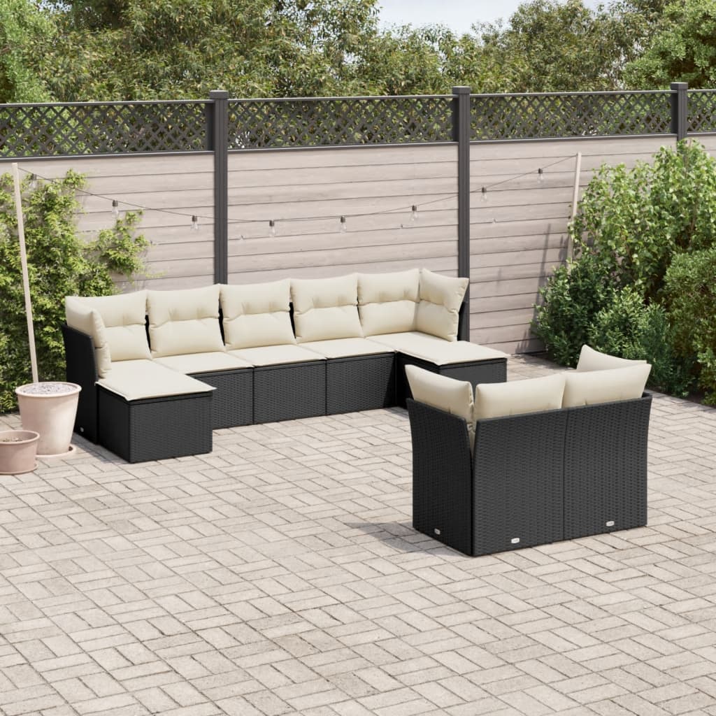 9-tlg. Garten-Sofagarnitur mit Kissen Schwarz Poly Rattan 9-tlg. Garten-Sofagarnitur mit Kissen Schwarz Poly Rattan