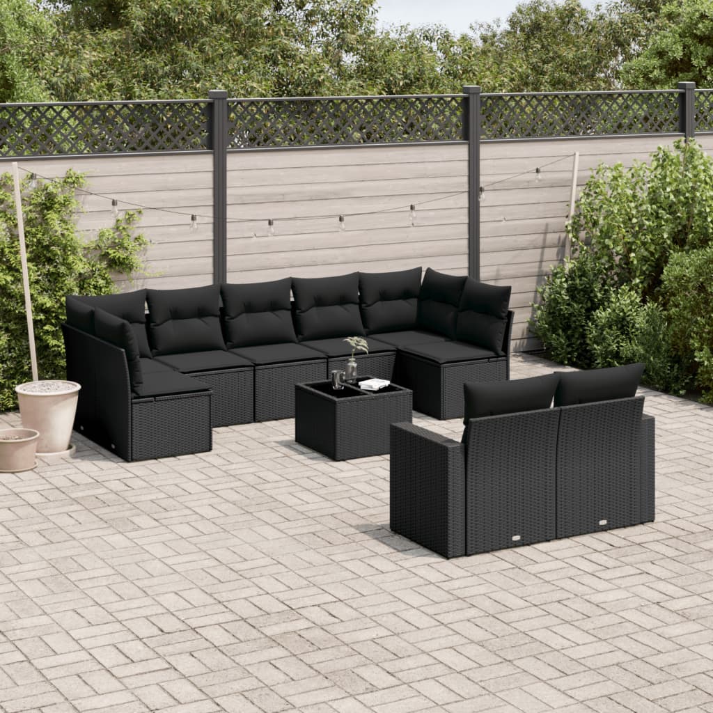 10-tlg. Garten-Sofagarnitur mit Kissen Schwarz Poly Rattan 10-tlg. Garten-Sofagarnitur mit Kissen Schwarz Poly Rattan