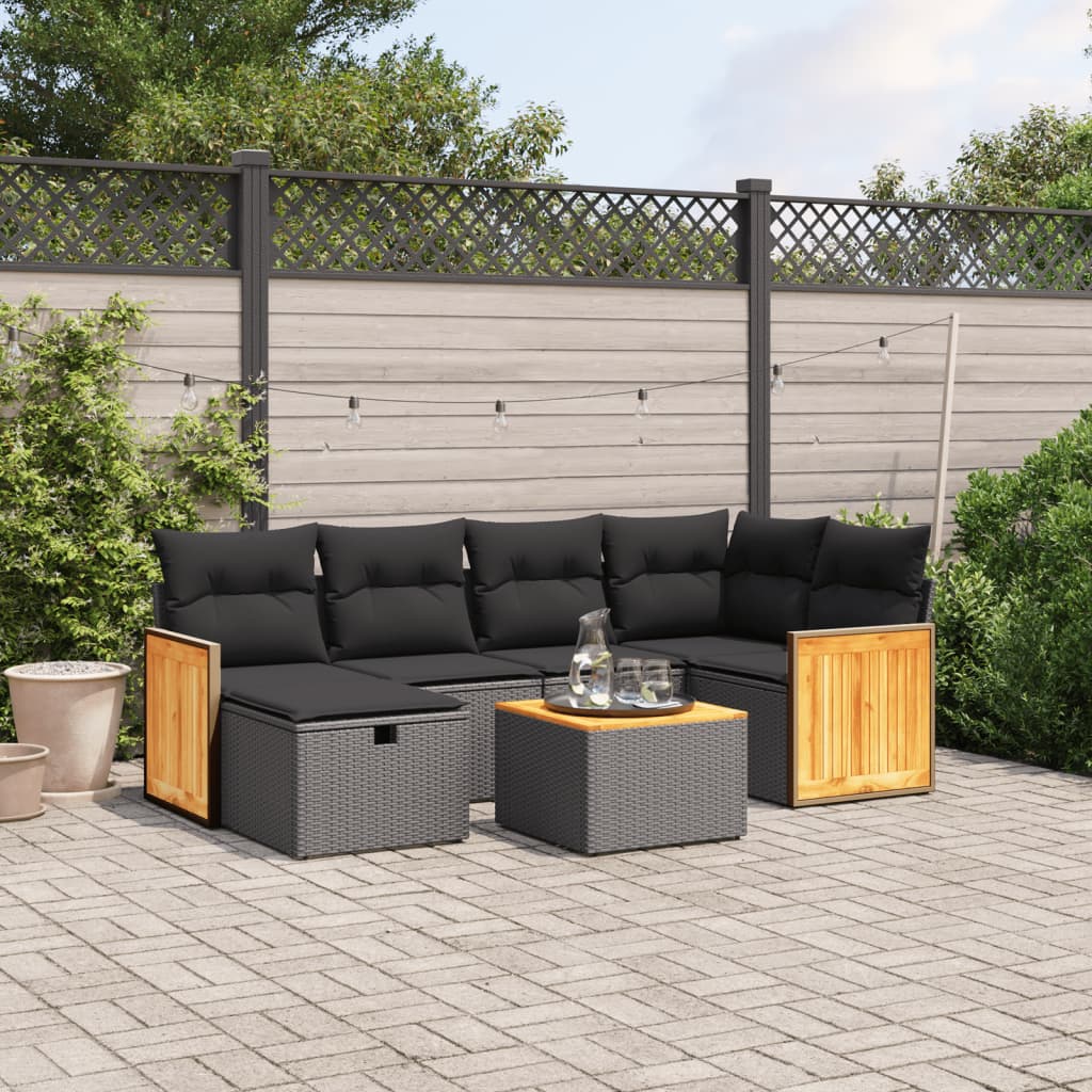 7-tlg. Garten-Sofagarnitur mit Kissen Schwarz Poly Rattan 7-tlg. Garten-Sofagarnitur mit Kissen Schwarz Poly Rattan