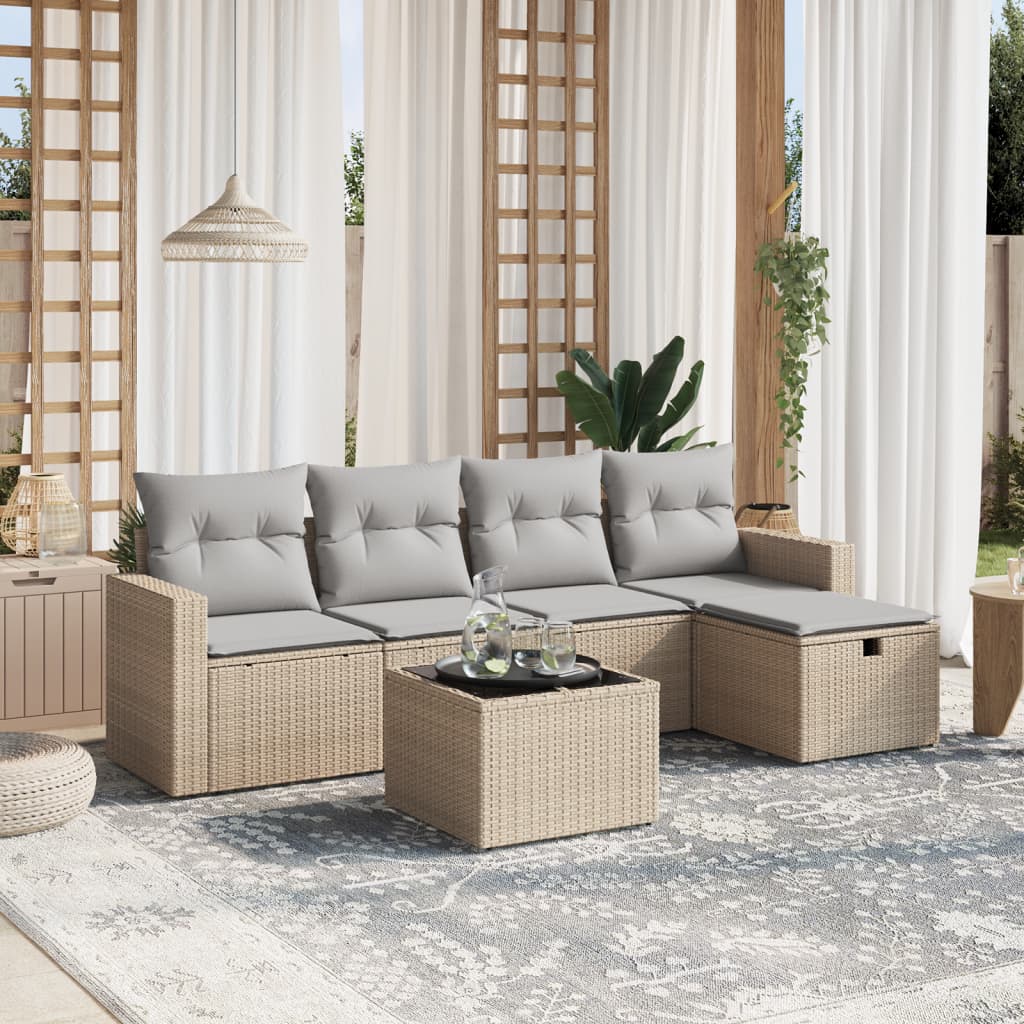6-tlg. Garten-Sofagarnitur mit Kissen Beige Poly Rattan 6-tlg. Garten-Sofagarnitur mit Kissen Beige Poly Rattan