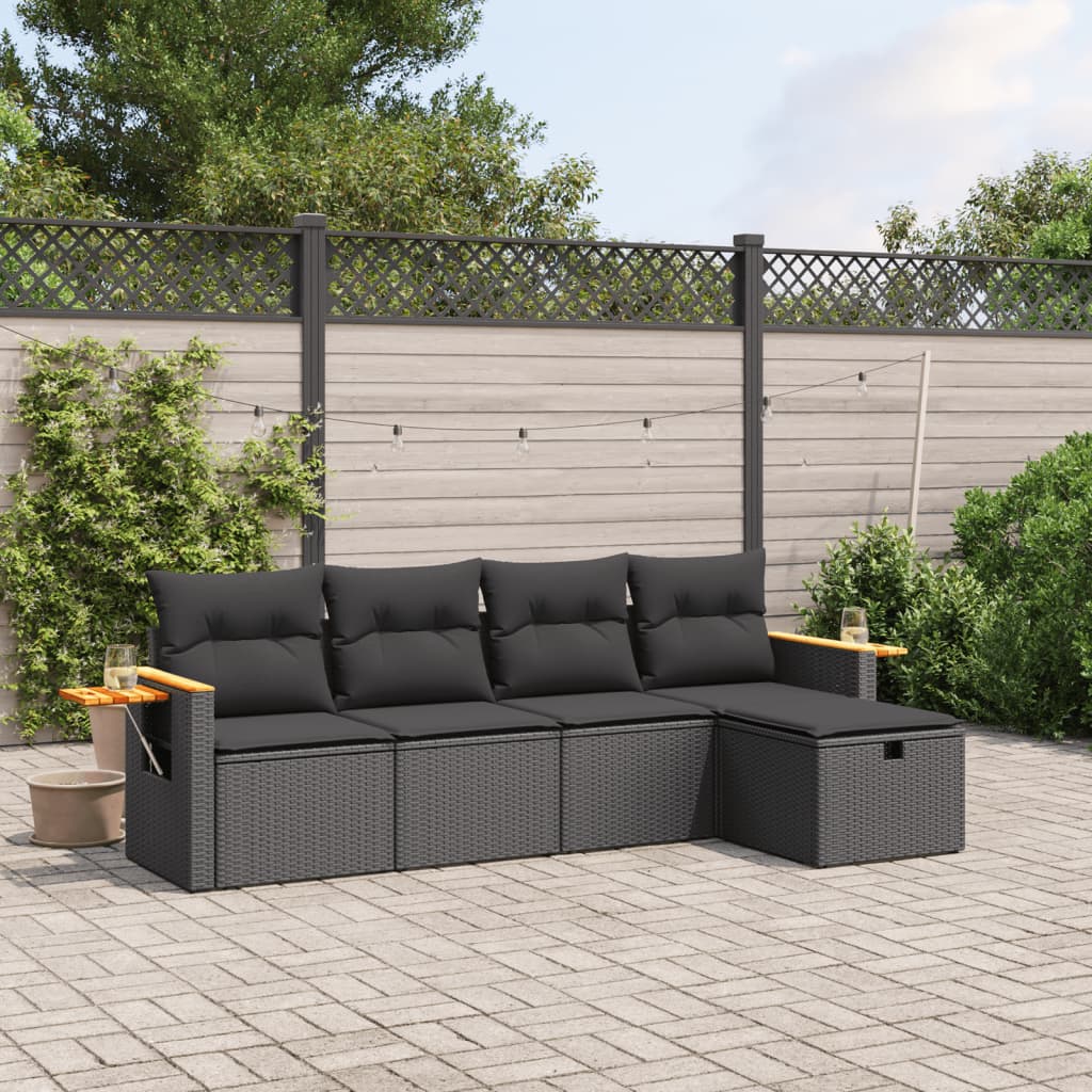 5-tlg. Garten-Sofagarnitur mit Kissen Schwarz Poly Rattan 5-tlg. Garten-Sofagarnitur mit Kissen Schwarz Poly Rattan