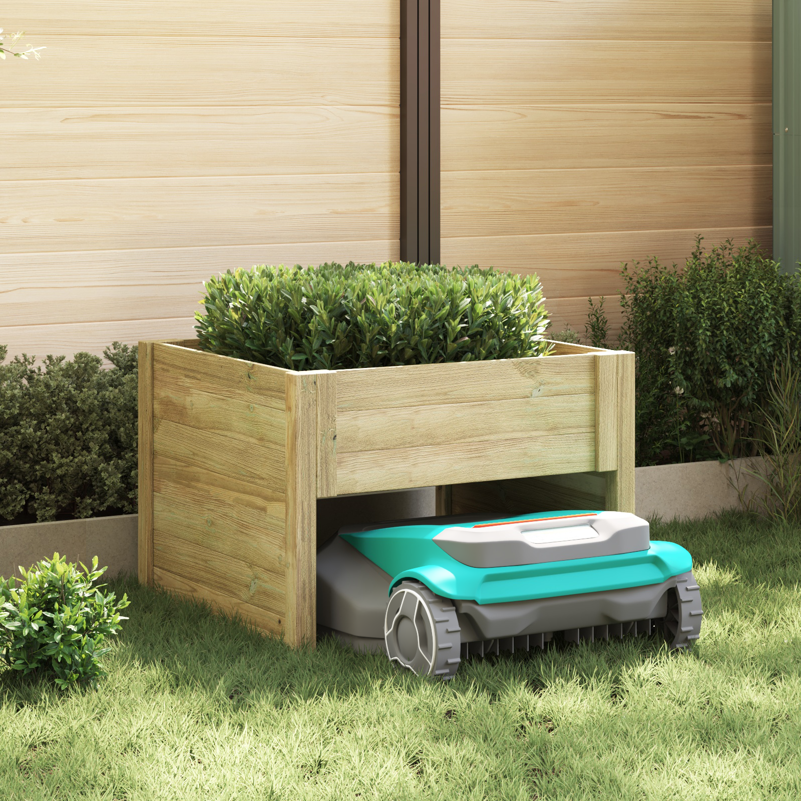 Roboterrasenmäher Garage mit Pflanzer imprägniertes Kiefernholz Roboterrasenmäher Garage mit Pflanzer imprägniertes Kiefernholz
